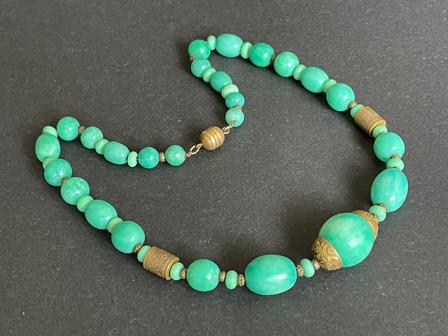 Vintage Louis Rousselet Art Deco green Peking style glass and ornate gold tone bead necklace, Made in France beehive clasp, foxtail chain