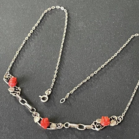 Real Mediterranean red coral vintage rose and Italian sterling silver ornate floral and leaf necklace, stamped 925