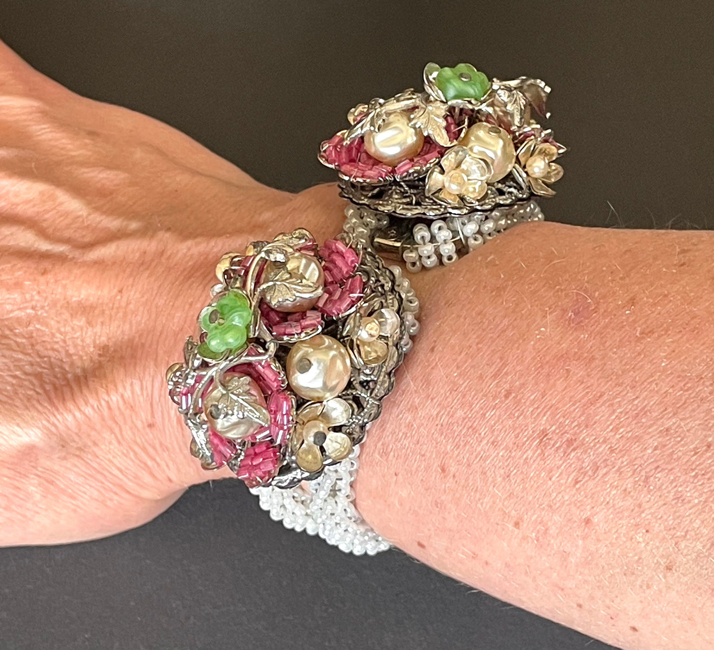 Vintage elaborate glass beaded floral clamper bangle with intricate micro beading and silver tone filigree, pink, green, white & faux pearl