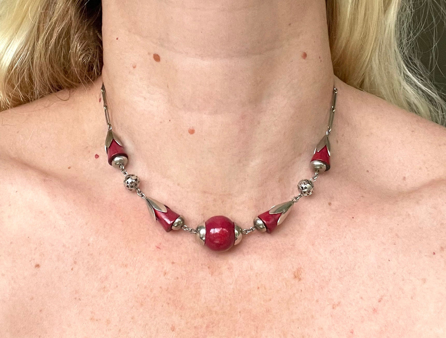 Vintage Jakob Bengel Art Deco machine age silver tone / chrome and deep cherry red galalith bead chunky geometric statement necklace