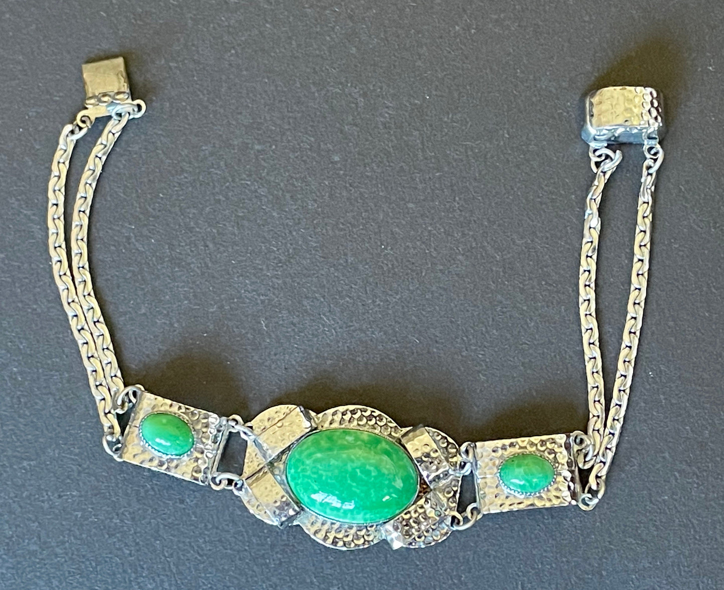 Vintage Jakob Bengel Art Deco machine age, green ' Peking glass ' cabochon hammered chrome bracelet