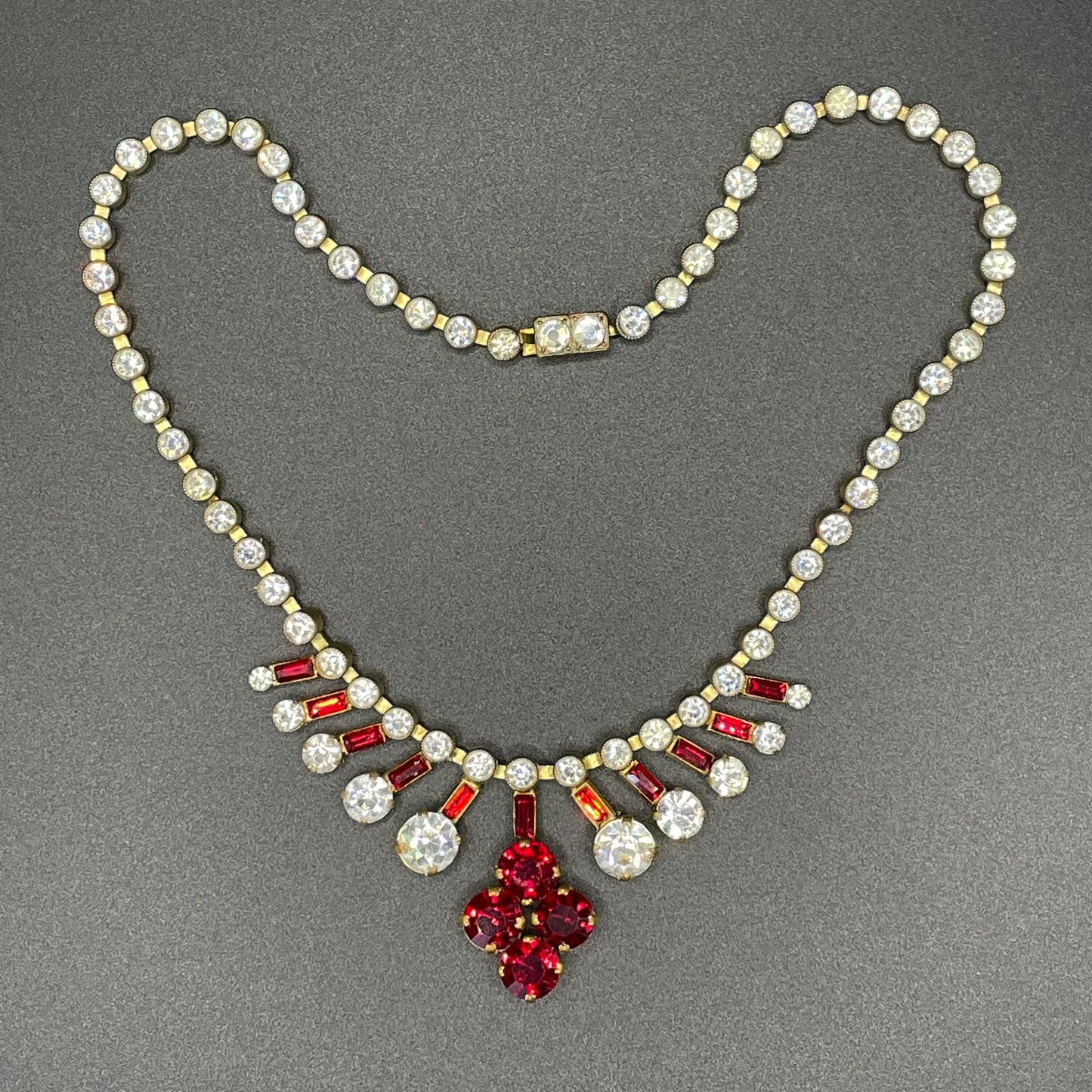 Vintage Art Deco Czech ice clear and ruby red crystal paste and gold tone choker necklace, clear collet set rhinestone riviere