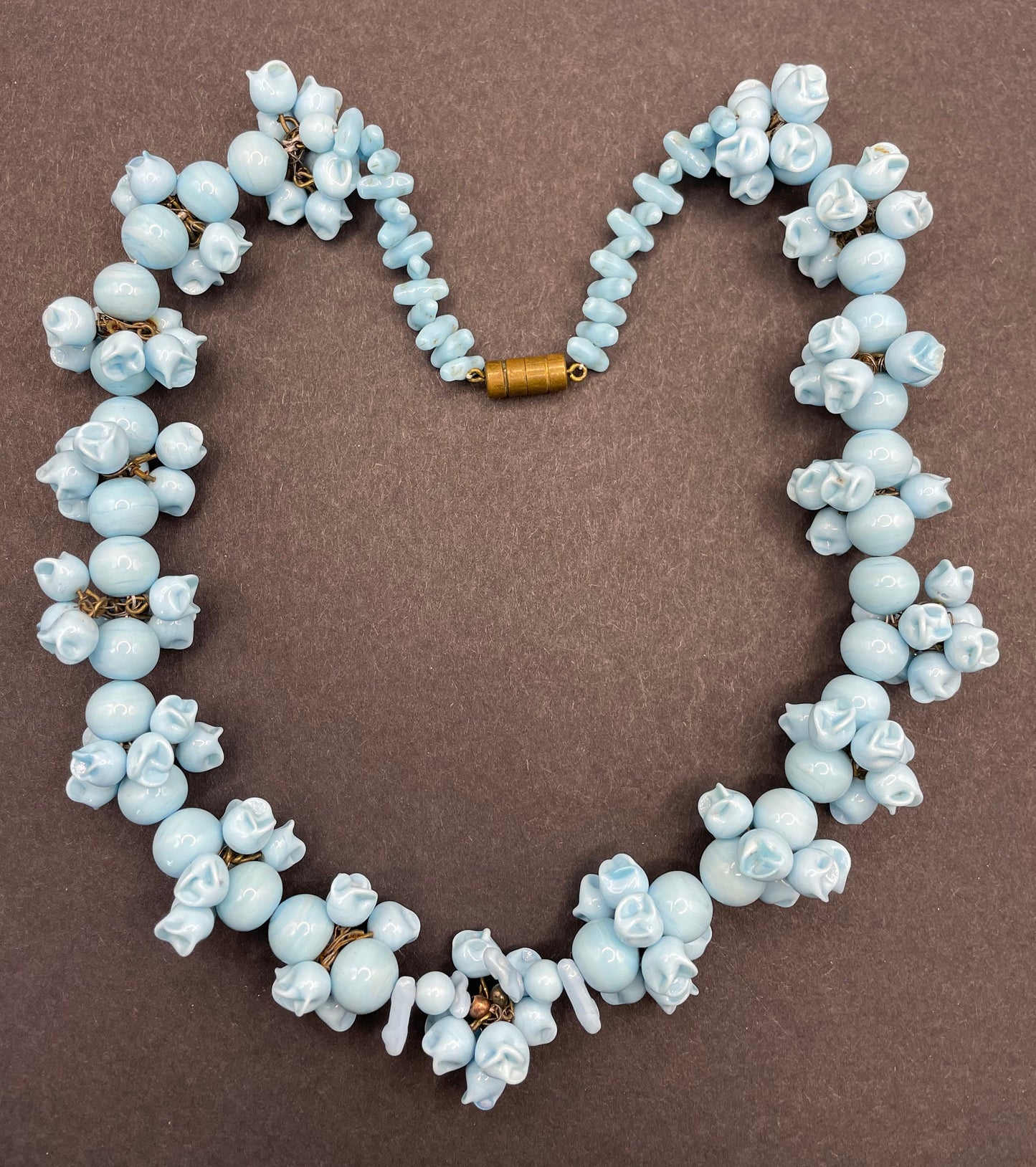 Large, heavy vintage baby blue poured or moulded milk glass beaded garland necklace