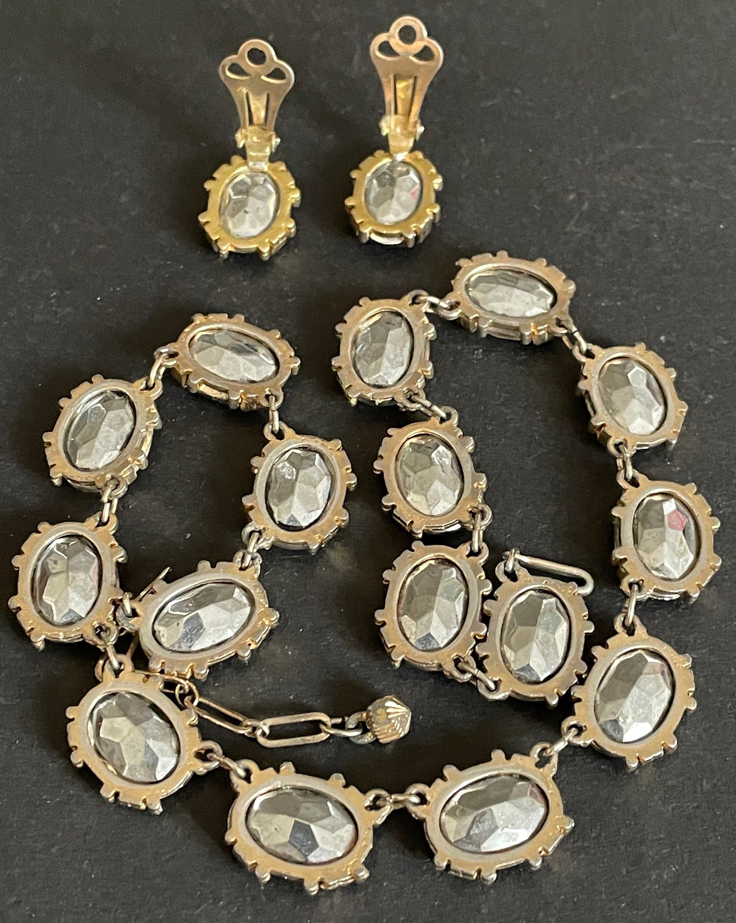 Vintage Sphinx watermelon glass riviere necklace and clip on earrings set, heavy, bezel set, open-backed stones in pale gold tone