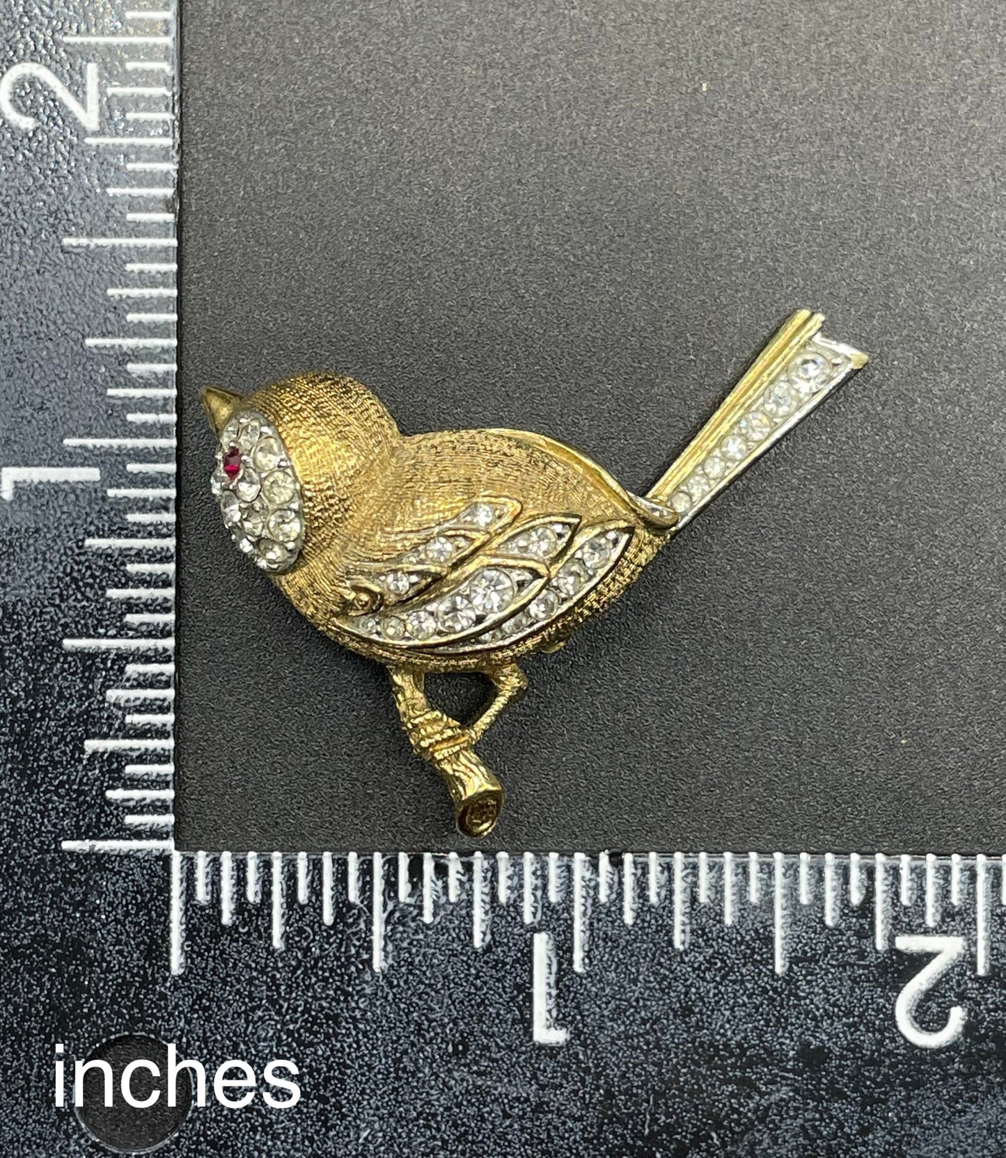 Vintage signed Attwood and Sawyer ( A&S ) gold tone with clear and red rhinestone adorable wren bird brooch