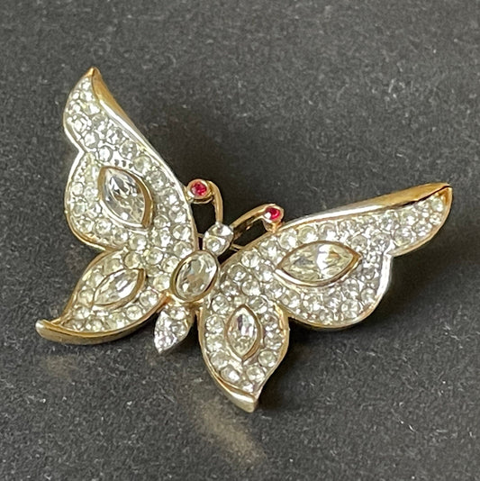 Vintage Attwood and Sawyer A&S signed ornate butterfly brooch, rhinestone encrusted and gold plated 1980s