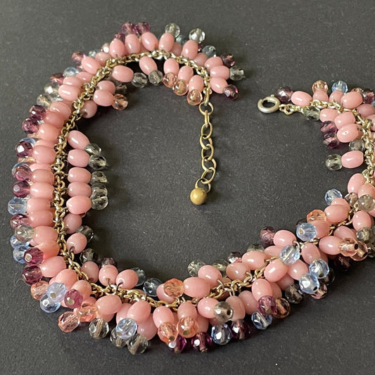 Heavy vintage baby pink, dark pink, grey and blue glass bead and Austrian faceted crystal bead fringe necklace with gold tone chain