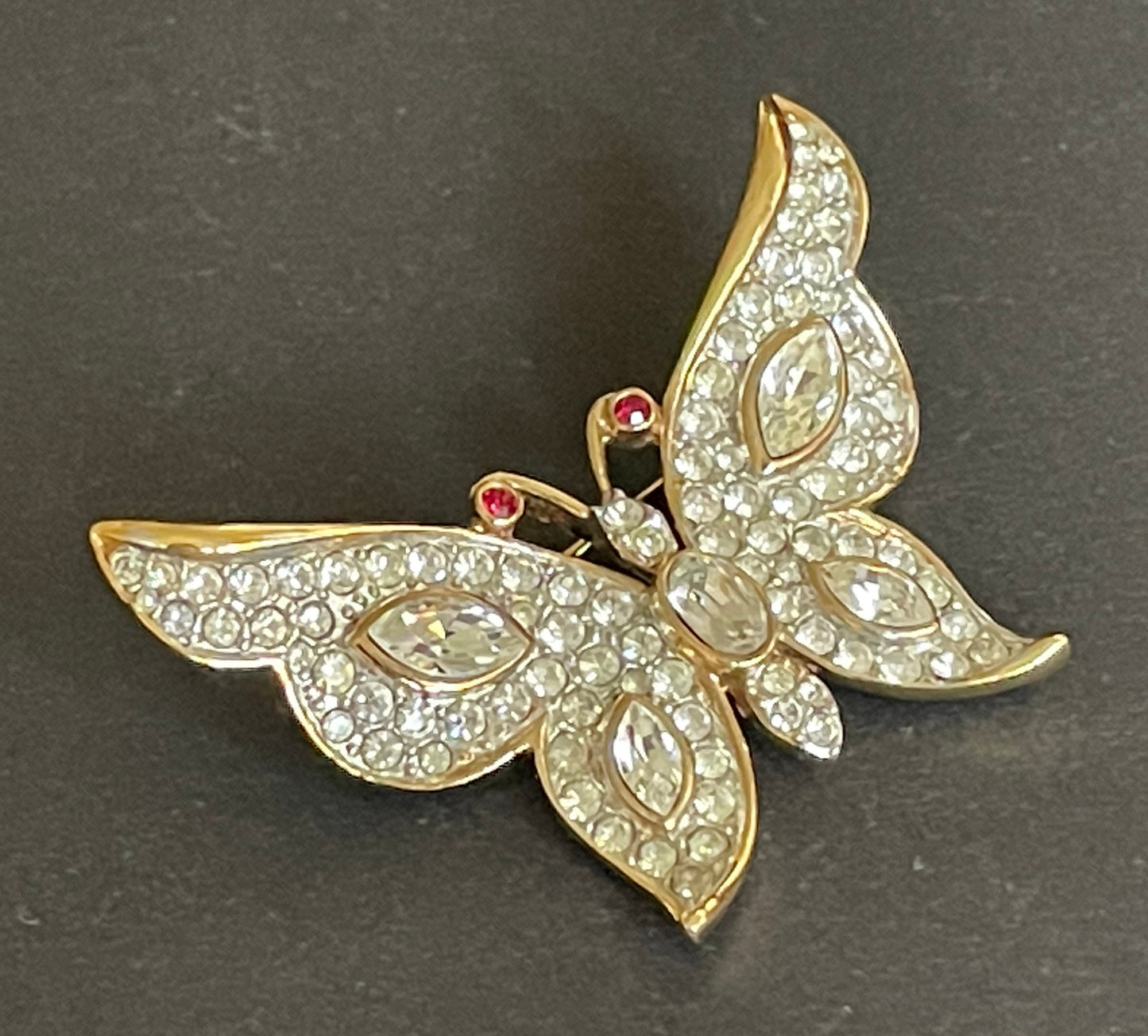 Vintage Attwood and Sawyer A&S signed ornate butterfly brooch, rhinestone encrusted and gold plated 1980s