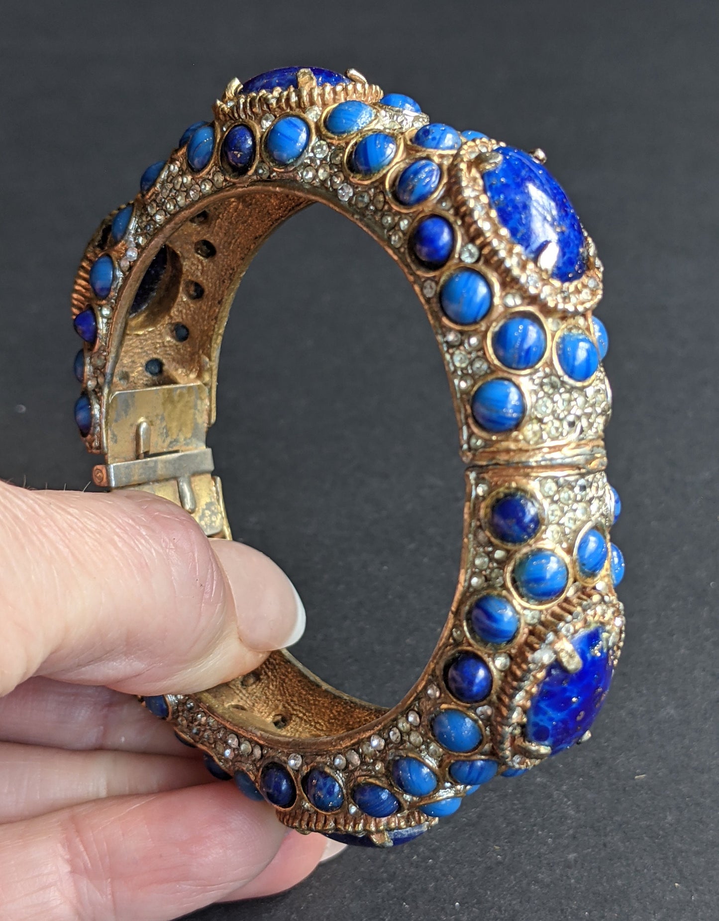 Vintage Kenneth Jay Lane KJL classic 1960s signed mogul style cabochon & rhinestone encrusted hinged bangle, lapis lazuli blue glass stones