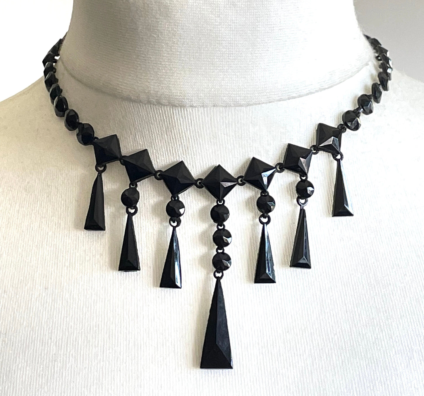 Antique French jet fringe necklace - Victorian Vauxhall glass, black faceted glass jet stones