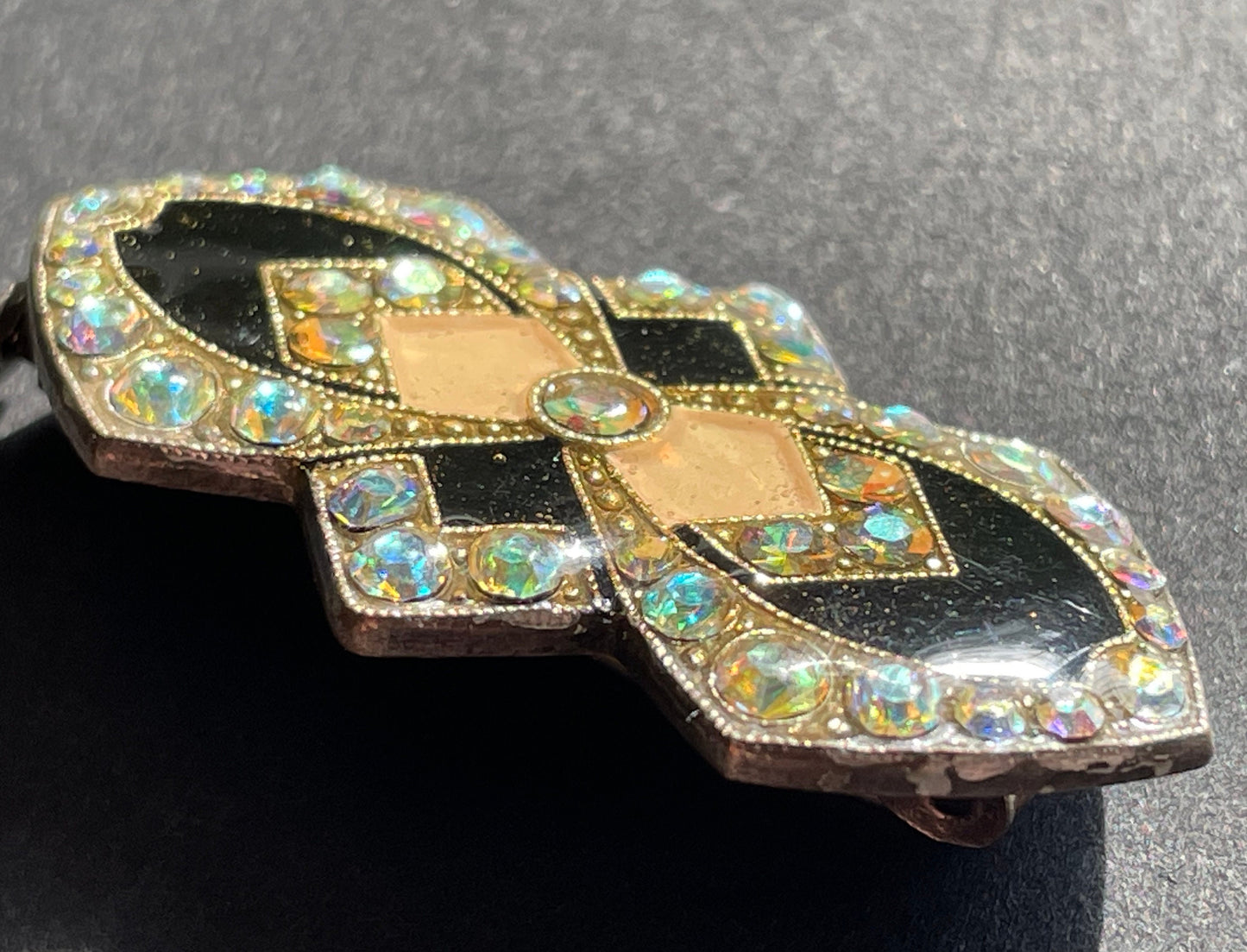 Vintage Pierre Bex Art Deco style rhinestone and enamel brooch, yellow /gold, black geometric design with AB rhinestones in thick enamel