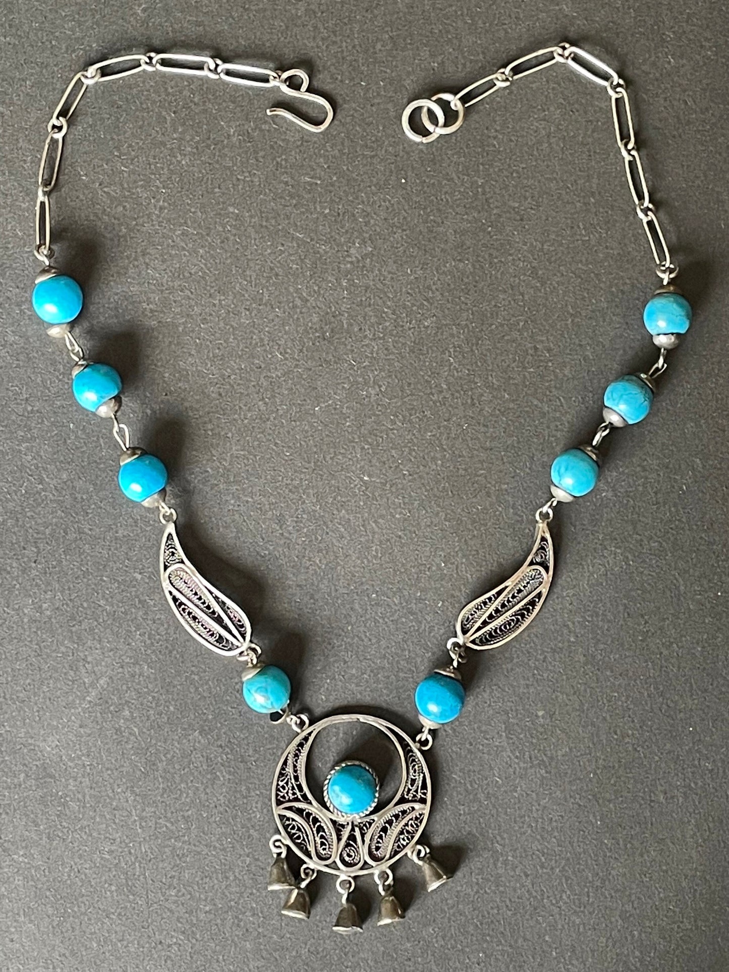 Vintage Indian sterling silver, real turquoise bead & filigree necklace, lovely fringe pendant with cabochon and paisley panels - Kashmiri?