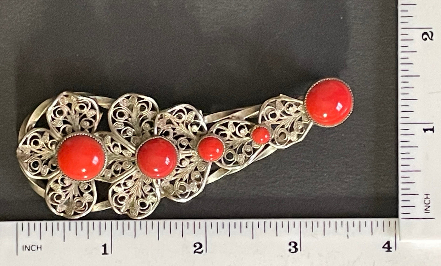 Huge vintage Art Deco Max Neiger brothers Czech brooch, bright lipstick red glass cabochons silver tone filigree