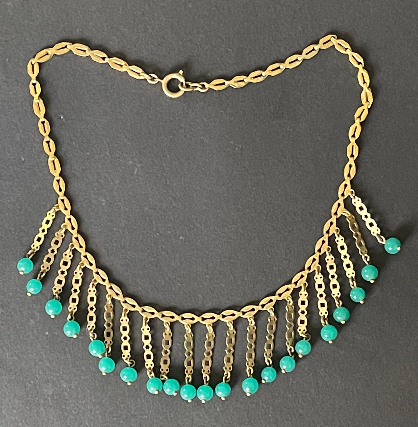 Vintage Art Deco machine age gold tone and jade green glass bead fringe necklace, beautiful workmanship, possible Jakob Bengel