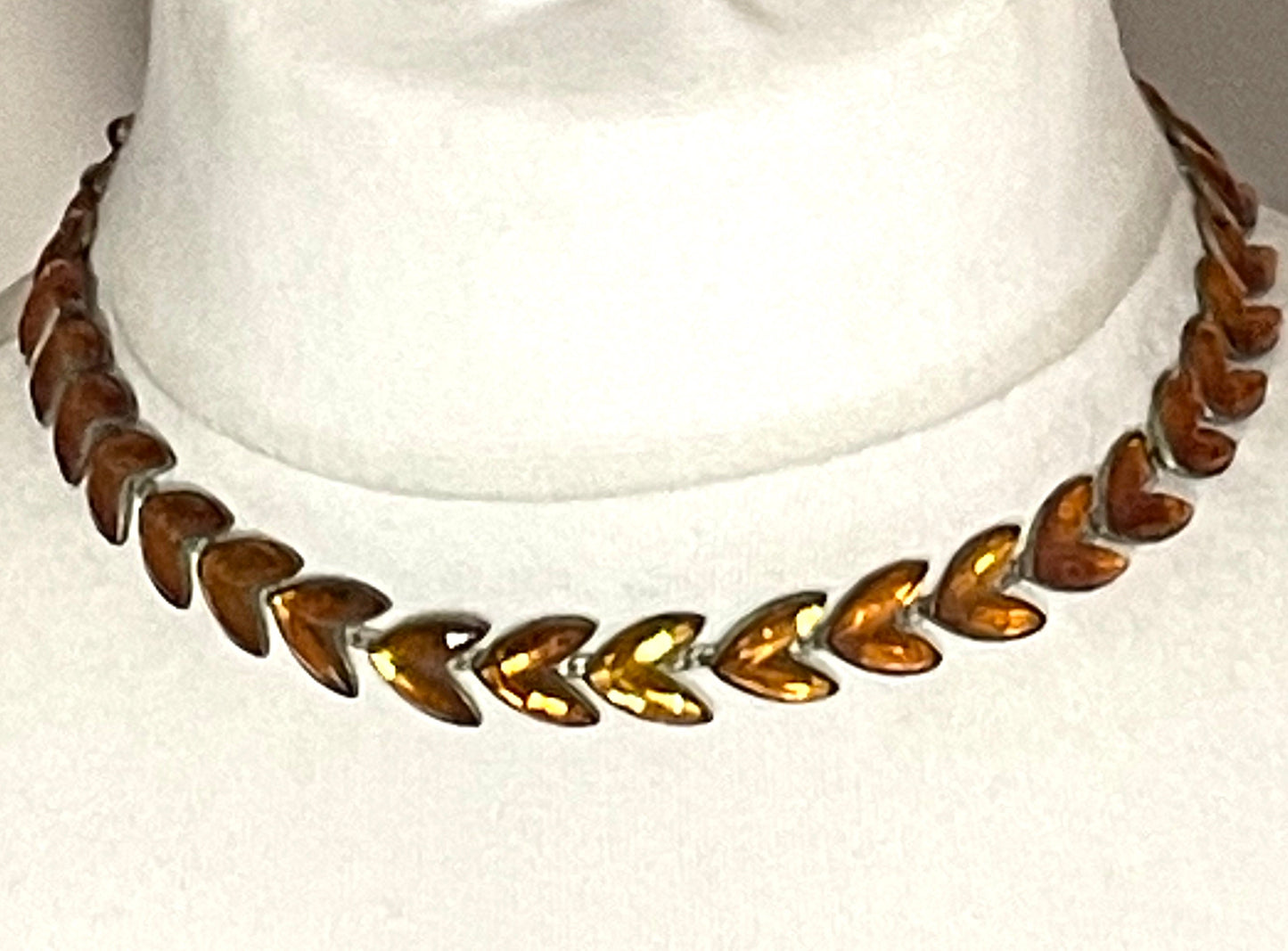 Vintage citrine yellow / topaz orange moulded Vauxhall style glass leaf design necklace, set in antique brassy gold tone