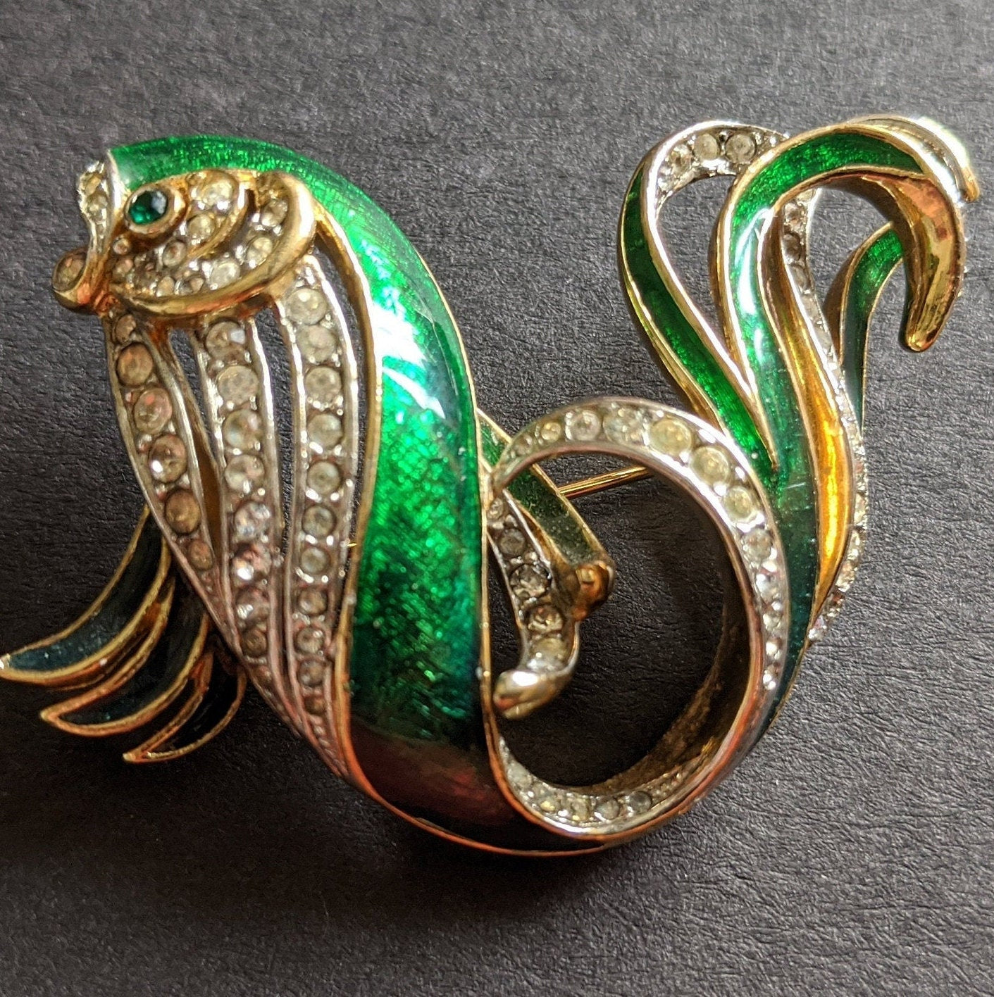 Vintage Attwood and Sawyer large fish brooch, gold plated, green enamel and rhinestone, signed A&S, uncommon design