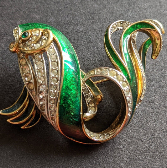 Vintage Attwood and Sawyer large fish brooch, gold plated, green enamel and rhinestone, signed A&S, uncommon design