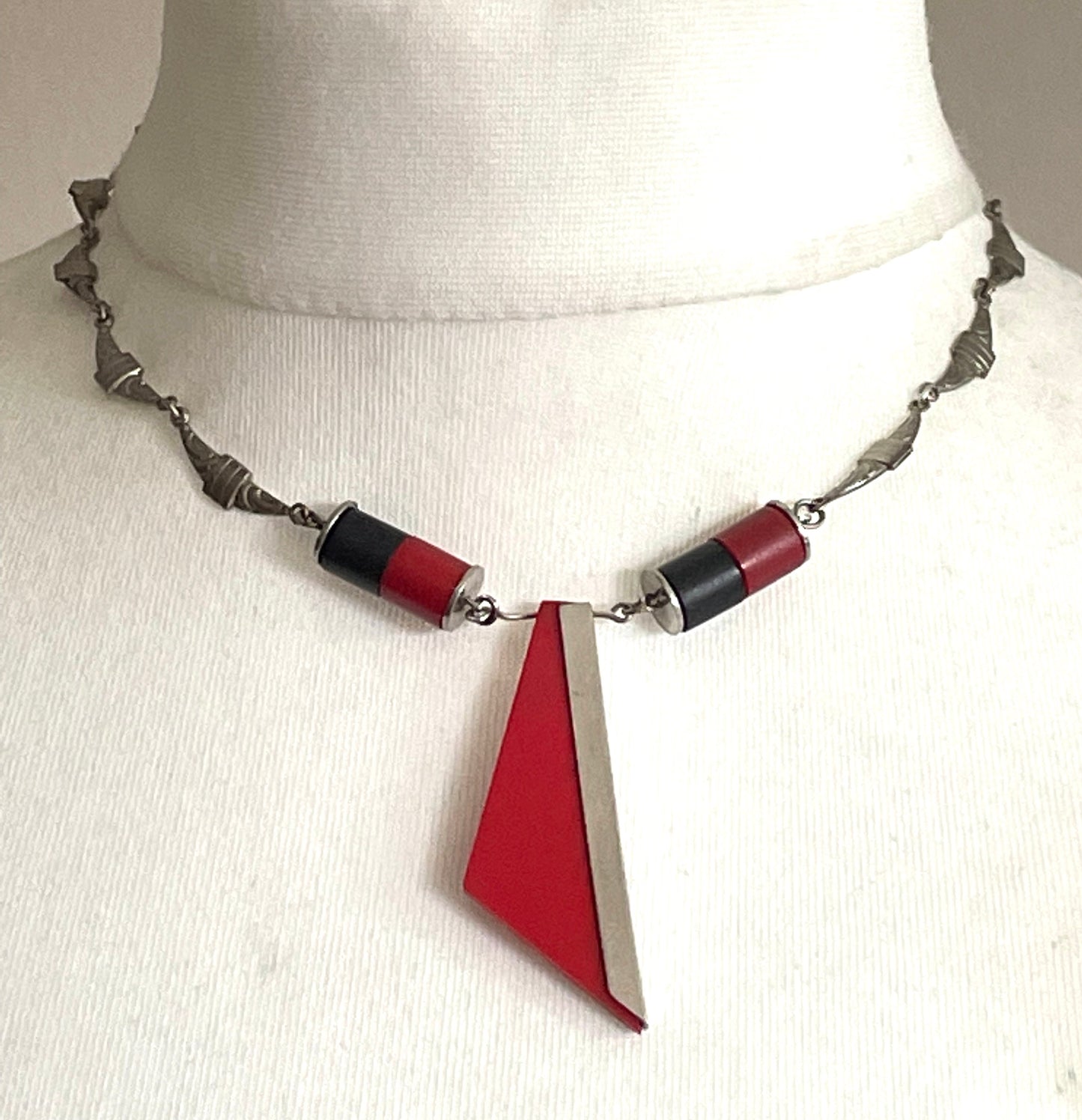 Vintage Jakob Bengel Art Deco machine age chrome, monochrome red and black galalith geometric necklace 1930s