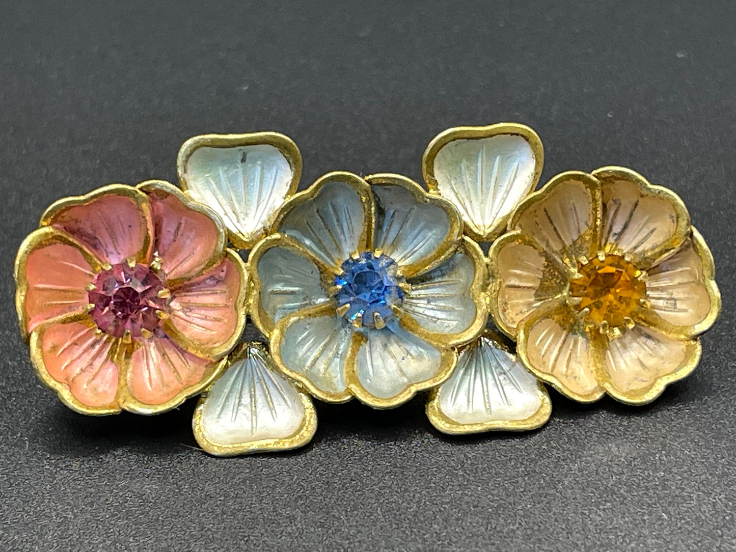 Vintage Neiger Brothers (Max and Norbert) colourful enamel and rhinestone flower brooch - set in antique gold tone