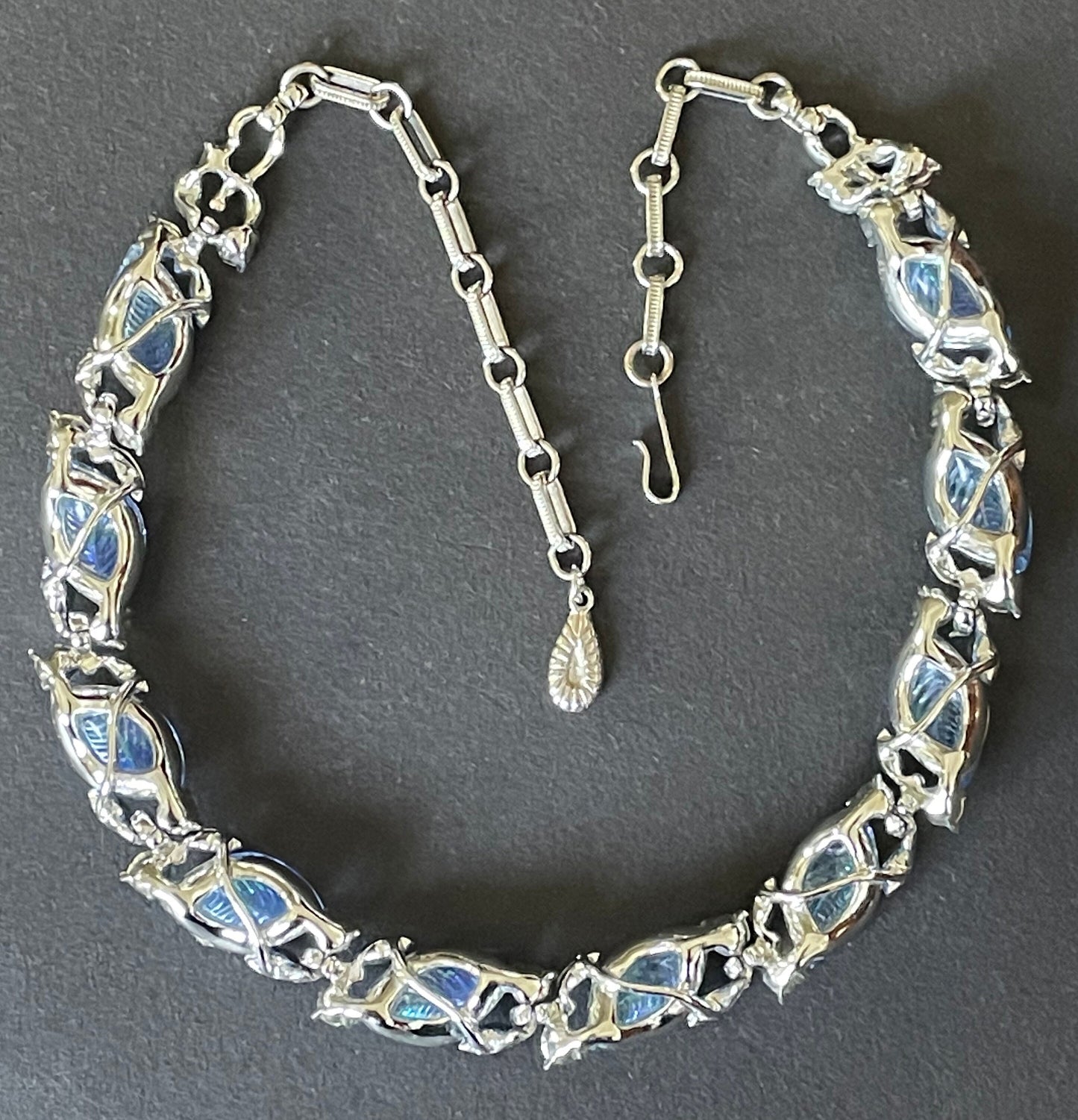 Vintage signed Lisner blue aurora borealis glass leaf, rhinestone and shiny silver tone collar choker necklace