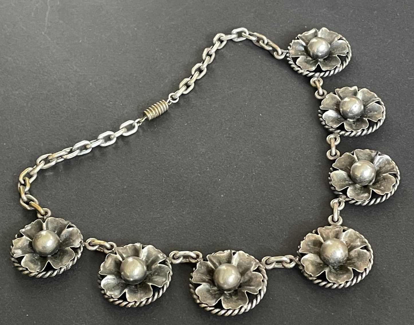 Vintage Art Deco machine age chrome floral necklace from the 1930s - possible Jakob Bengel