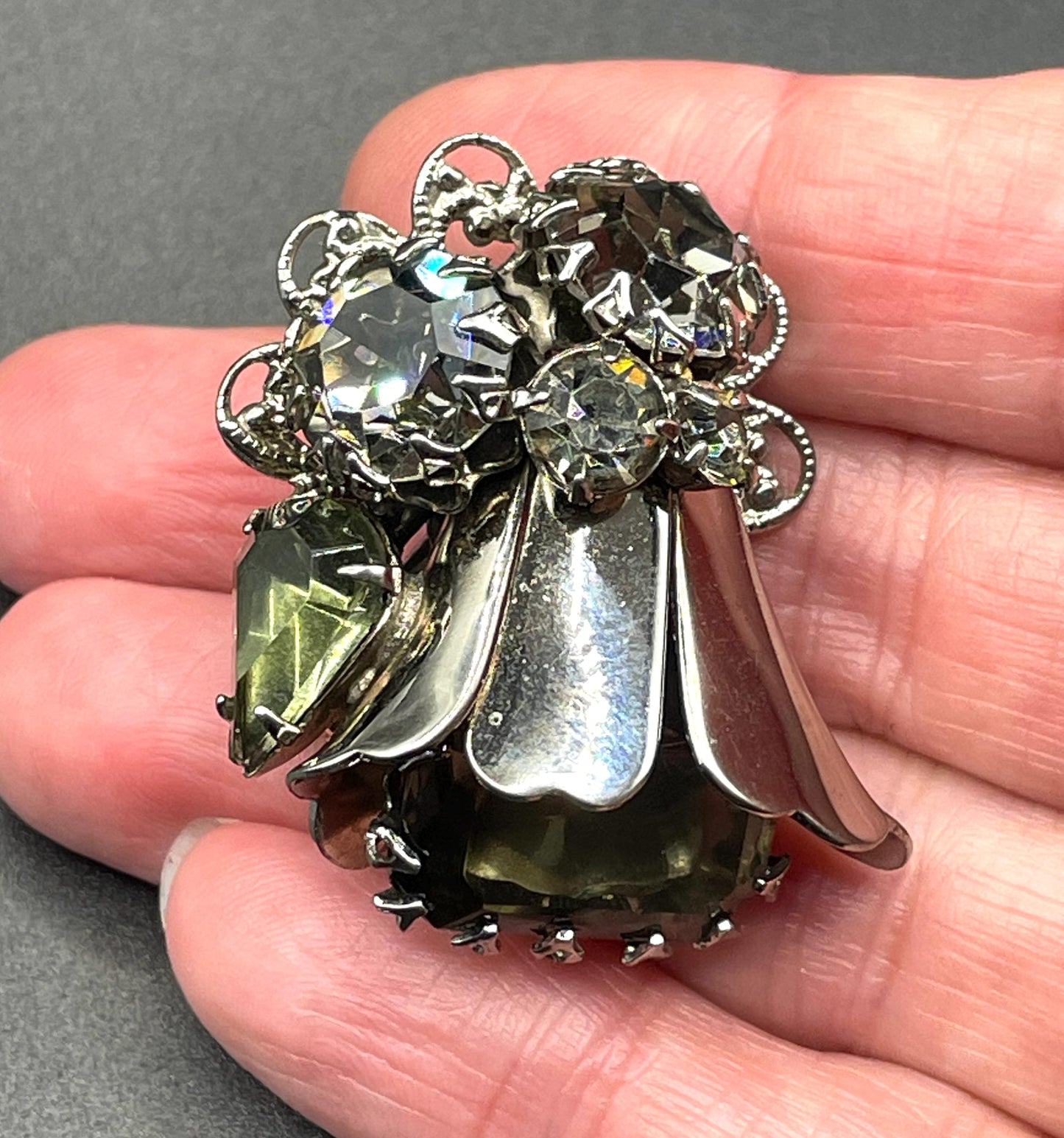 Vintage large rhinestone tulip flower design clip on earrings, silver tone with grey / green rhinestones and filigree backs