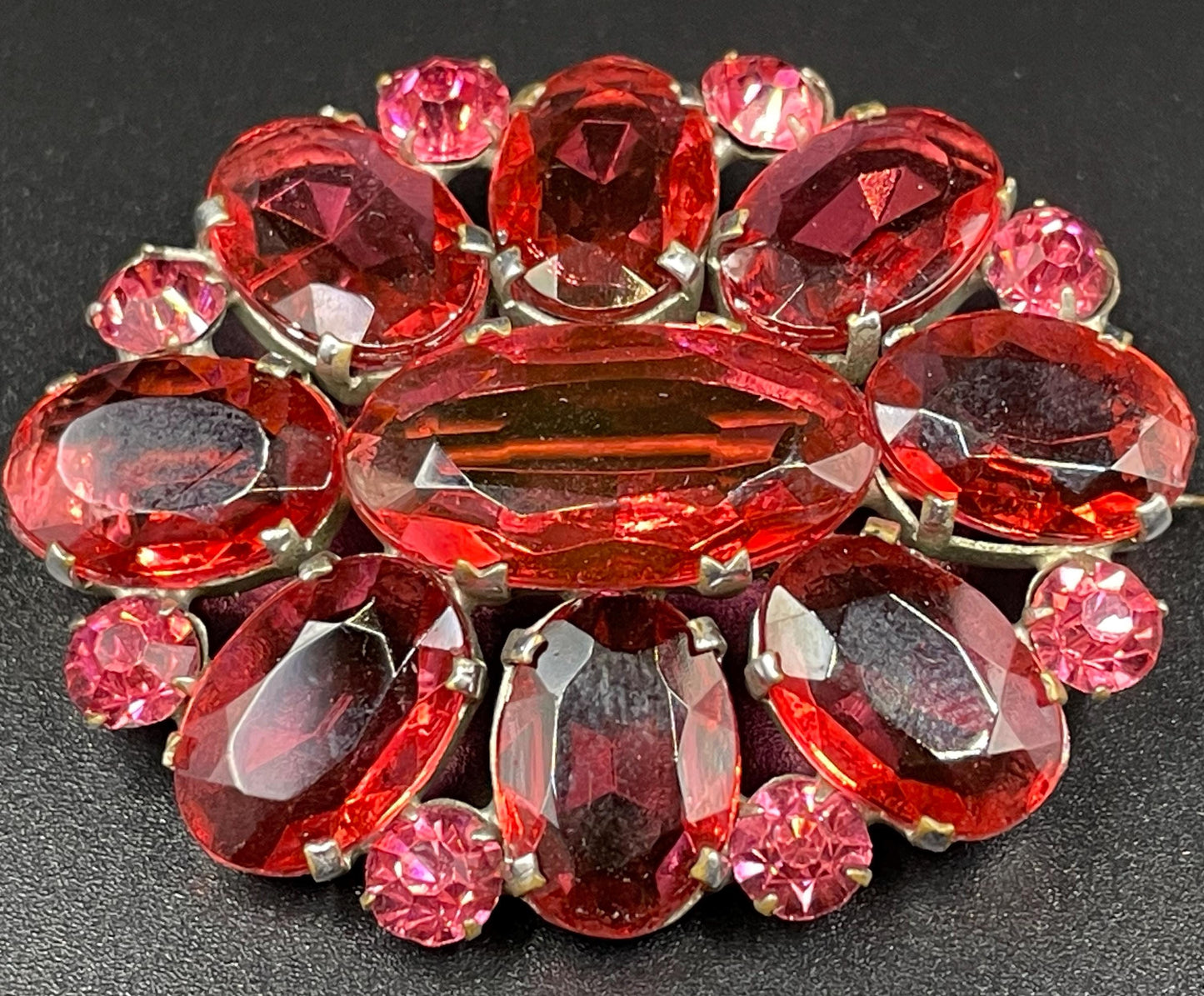 Large vintage Art Deco ruby pink glass rhinestone, open-backed, pale antique gold tone brooch pin, stunning pink colour