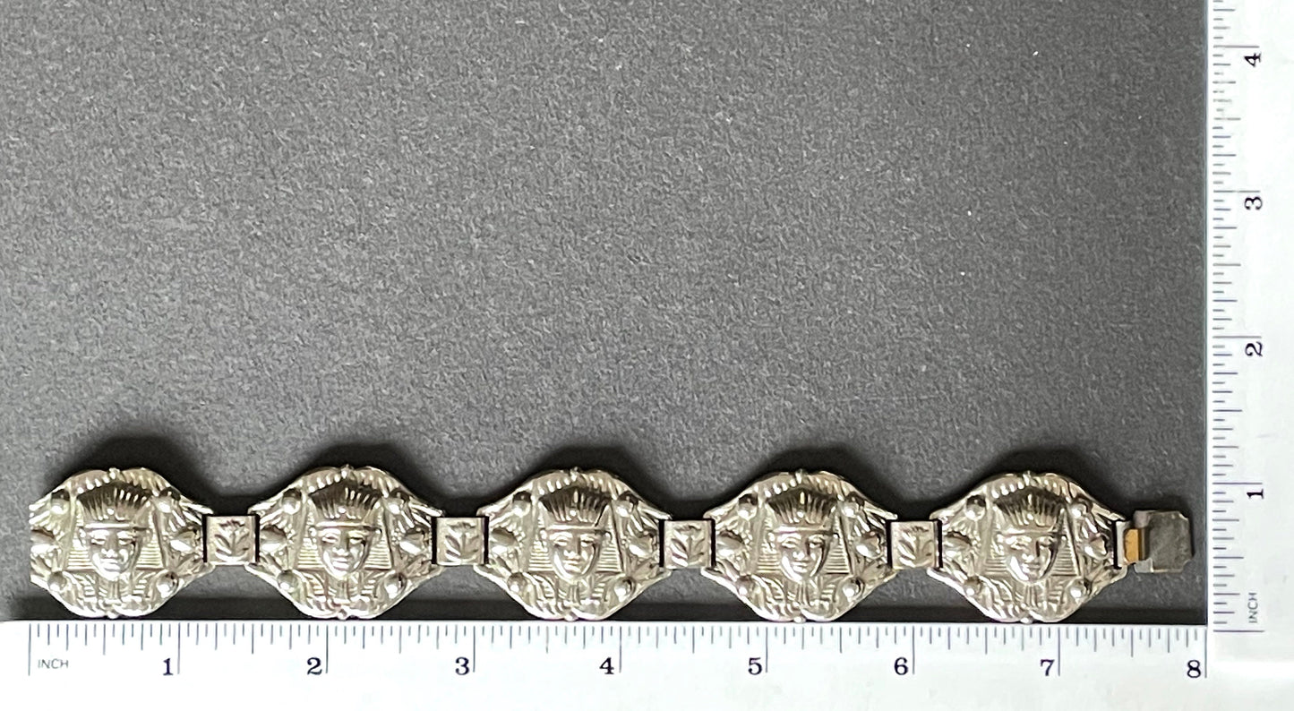 Vintage Egyptian revival Tutankhamun pharaoh silver tone panel bracelet, made in England