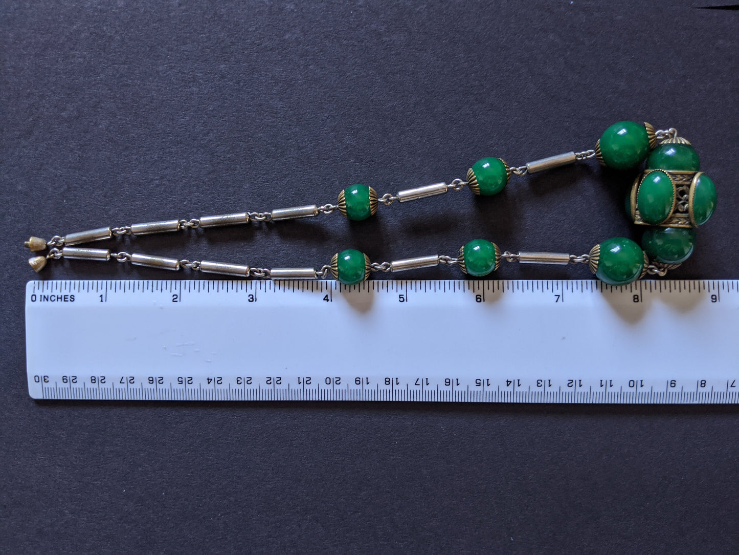 Vintage Art Deco heavy green glass bead and collet set cabochon Czech or French necklace - fabulous large 3D centrepiece