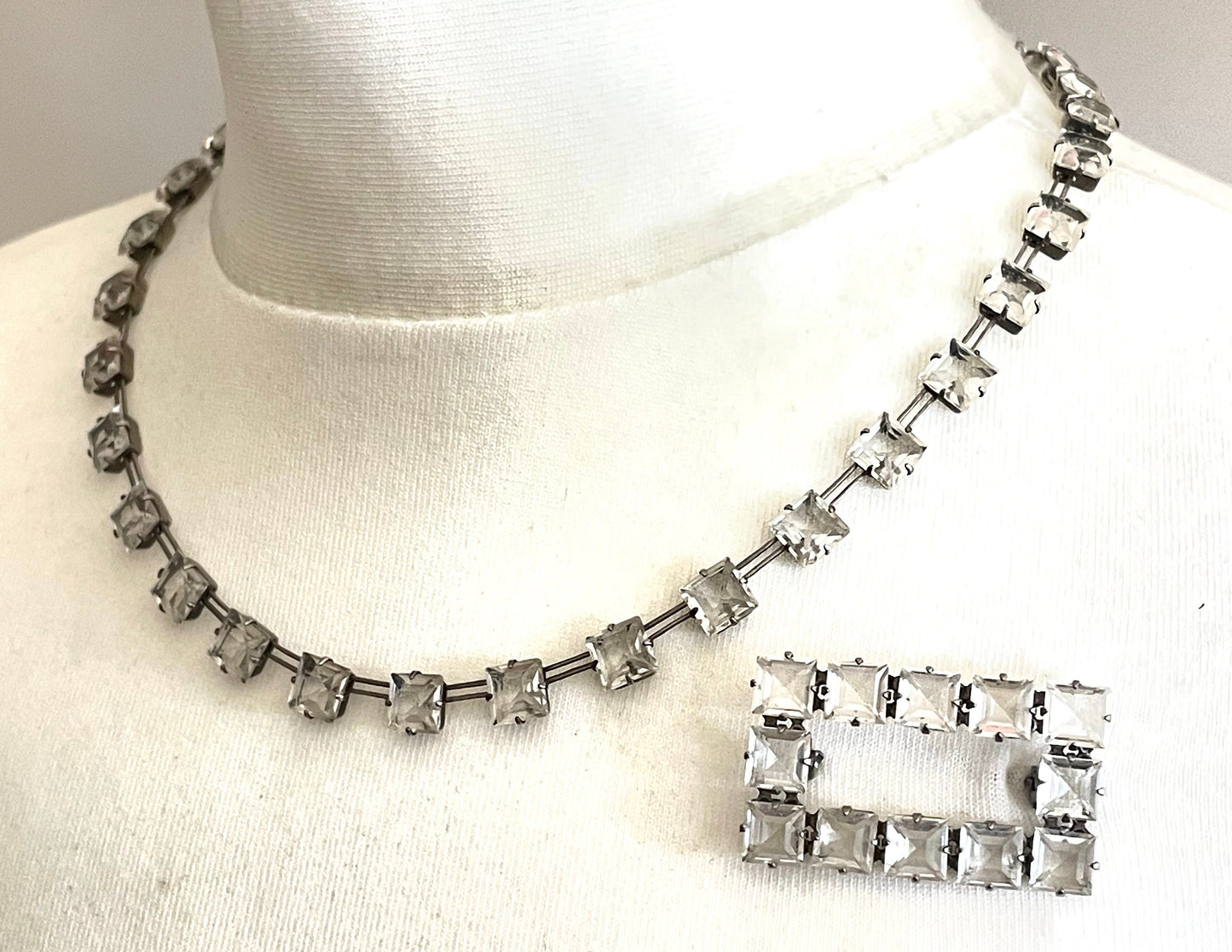 Vintage sterling silver Art Deco diamond ice clear crystal square rhinestone riviere choker necklace and brooch set, bezel set, open backed