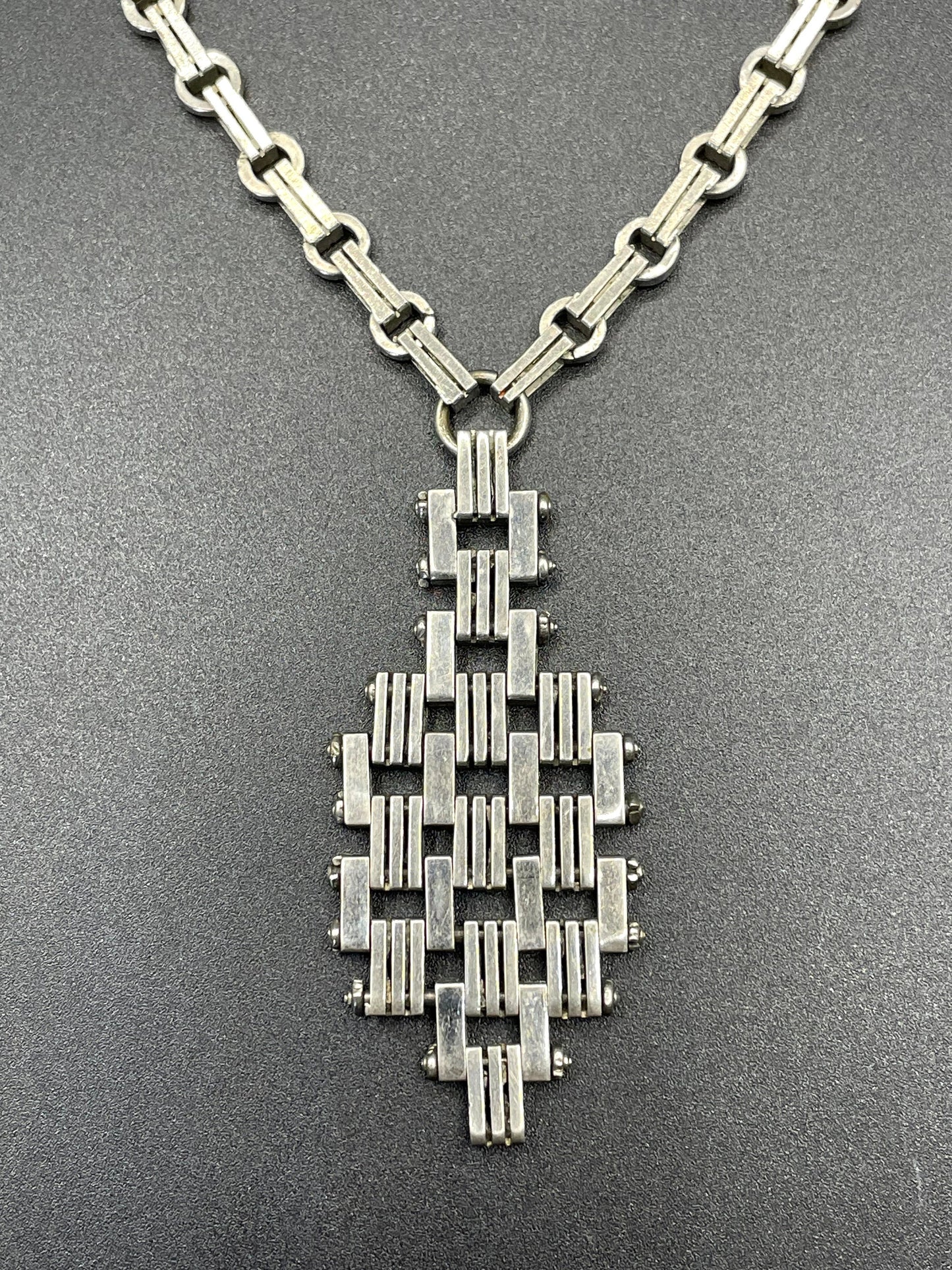 Vintage Jakob Bengel Art Deco brickwork / mauerwerk machine age chrome Y lariat necklace