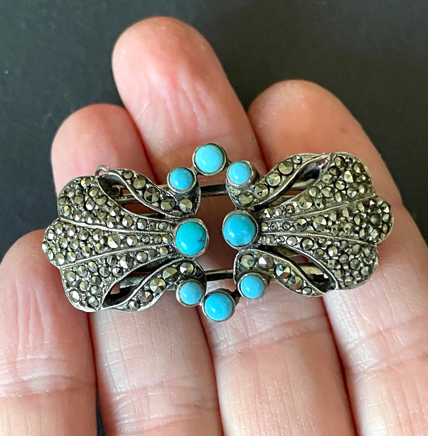 Vintage / antique sterling silver and turquoise duette (a brooch that can be converted to a brooch and 2 dress clips) and drop earrings set