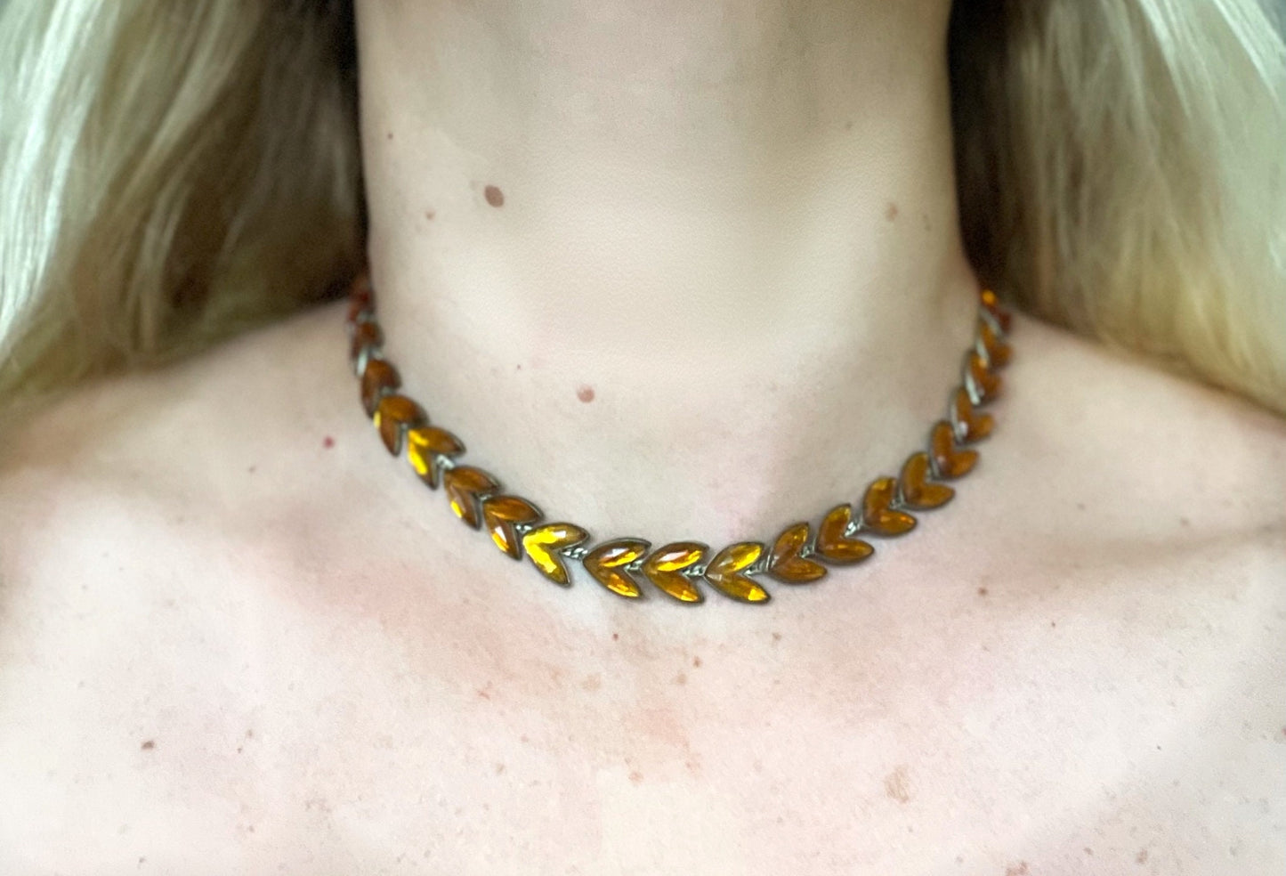 Vintage citrine yellow / topaz orange moulded Vauxhall style glass leaf design necklace, set in antique brassy gold tone