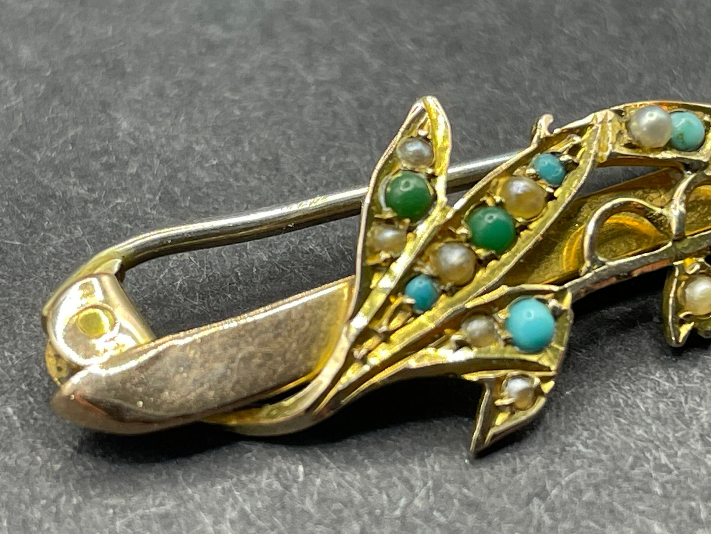 Antique floral lily of the valley brooch in 9ct gold decorated with real seed pearl cabochons and real Persian turquoise cabochons