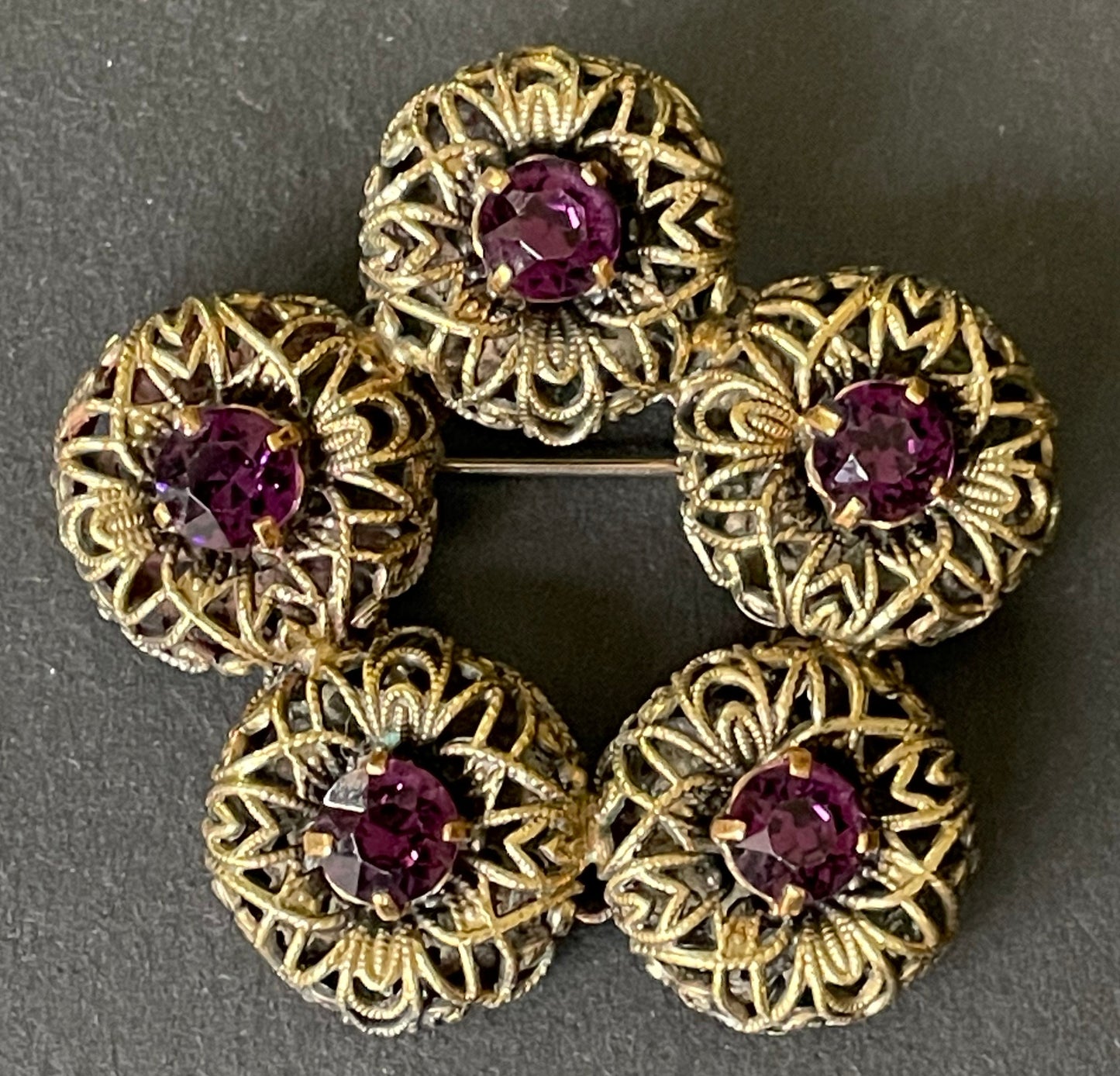 Large vintage amethyst purple paste 1930s Czech Art Deco rhinestone floral brooch with gold tone filigree