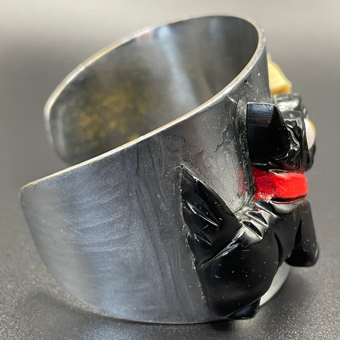 Vintage Art Deco machine black and white terrier dog bangle by Albert Flamand (signed) - chrome, early plastic and colourful enamel paint