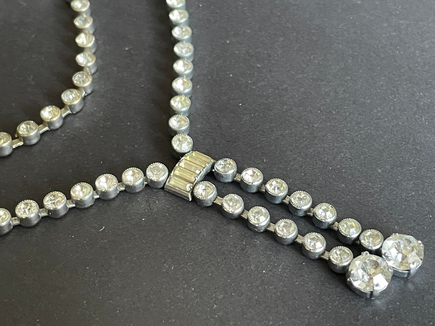 Vintage Art Deco clear paste silver tone riviere necklace with collet set rhinestones & negligee strands and matching collet set bracelet