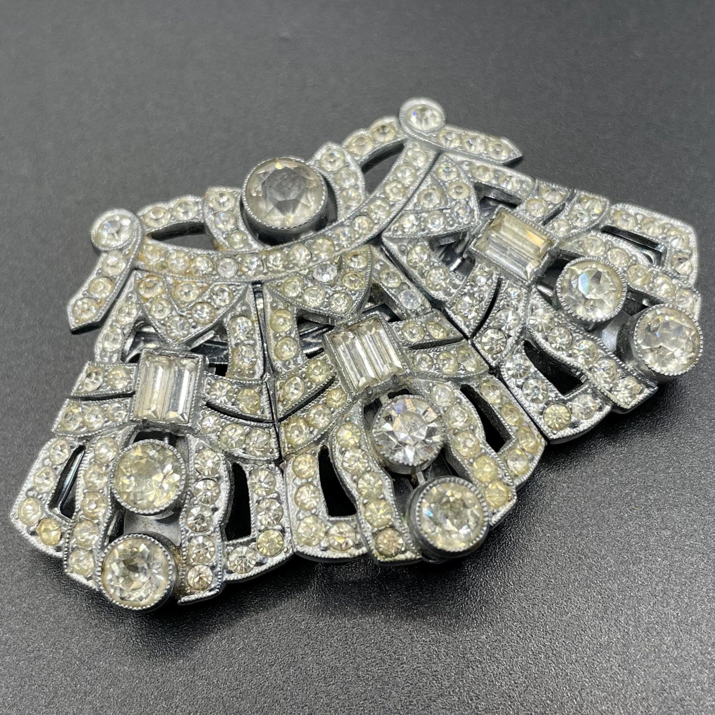 Unusual vintage Art Deco duette / triette - a clear rhinestone silver tone brooch which can be converted to three dress clips - metamorphic