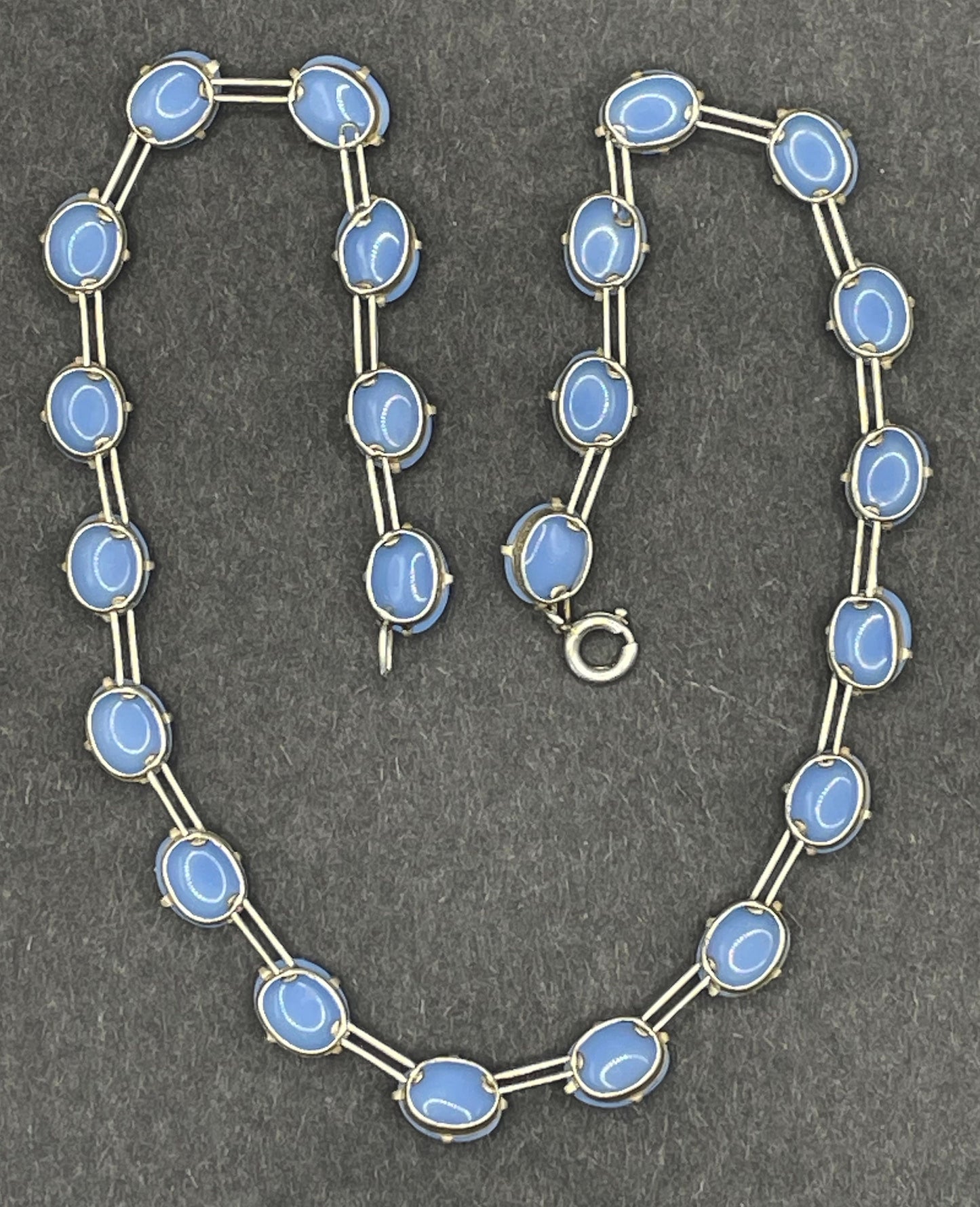 Vintage Sterling silver Art Deco bezel set baby blue glass cabochon riviere necklace, open-backed large oval stones, hallmarked