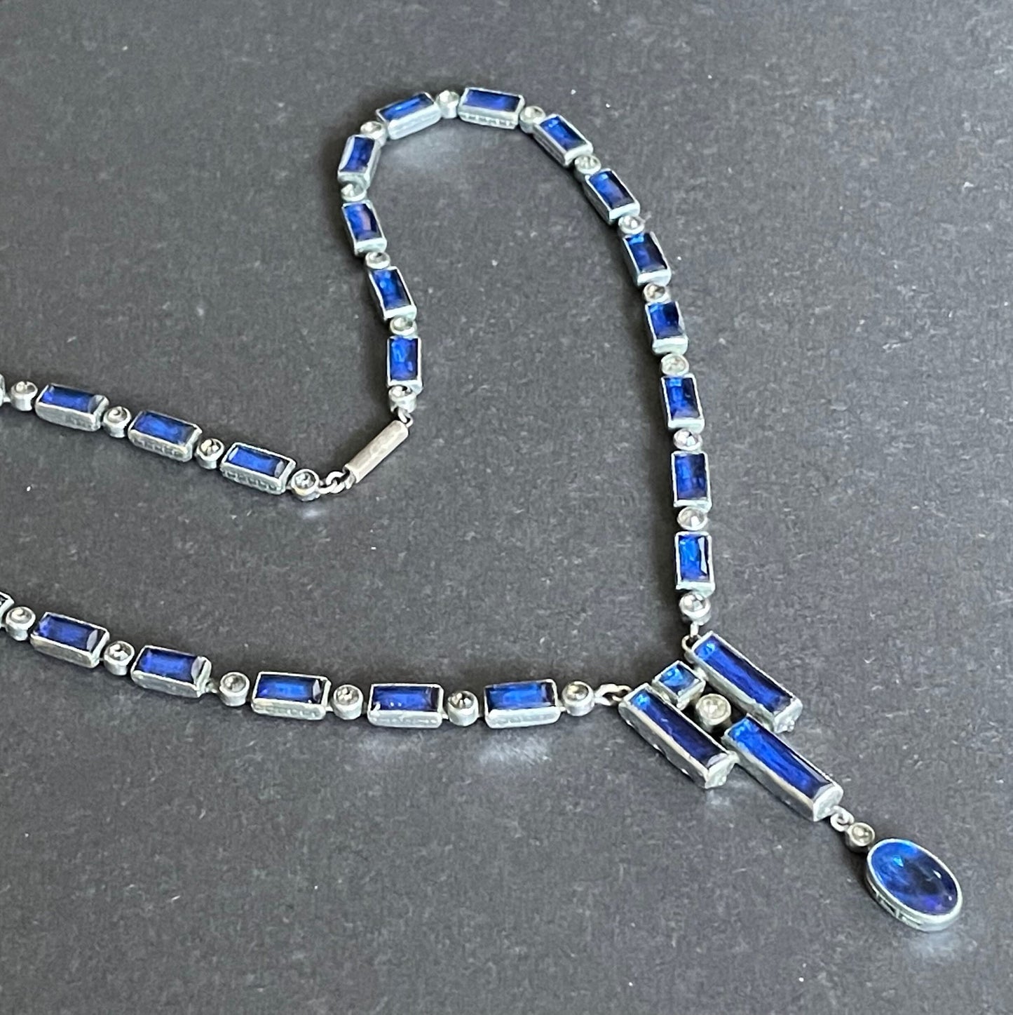 Vintage / antique Bristol blue and clear paste collet set crystal, silver plated riviere lariat necklace with baguette stones