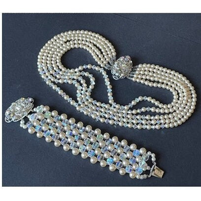 Vintage multi five strand glass faux pearl and crystal bead necklace and matching bracelet, each with large ornate rhinestone box clasp