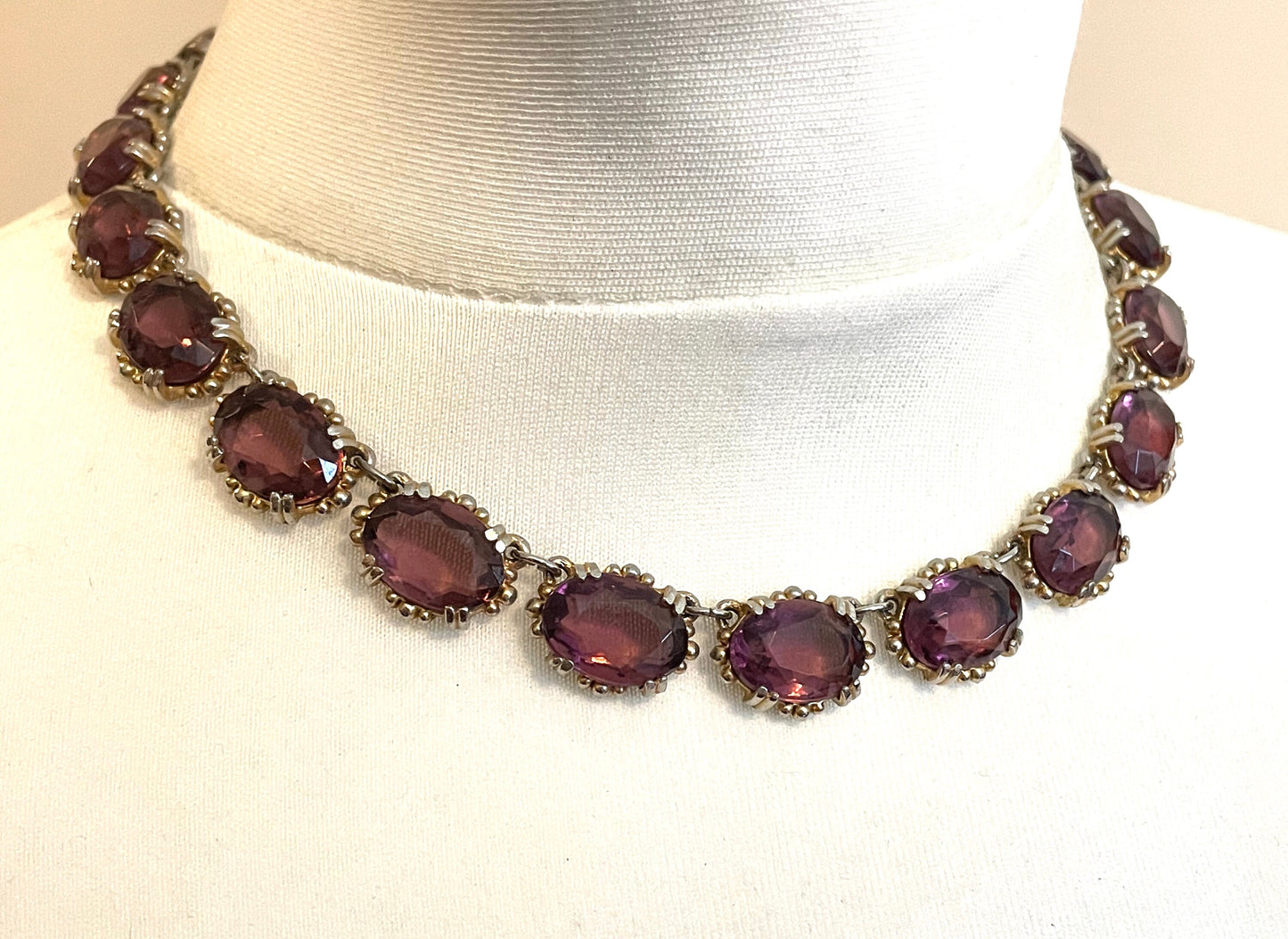 Vintage Sphinx amethyst purple glass riviere necklace, heavy, bezel set, open-backed stones in ornate gold tone setting