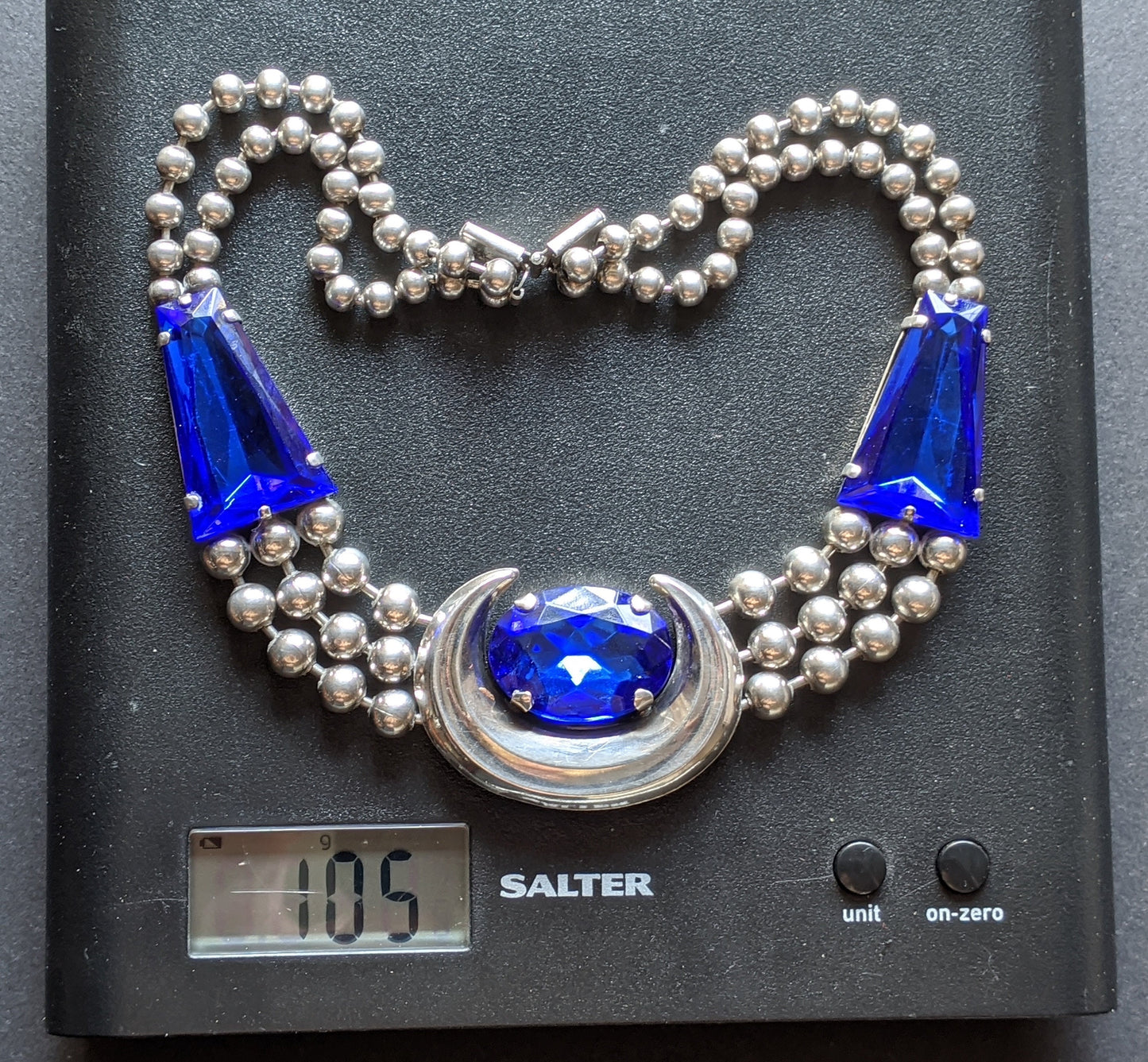 Vintage Art Deco bright blue, huge crystal and silver tone statement ball chain necklace, machine age, very heavy, extraordinary piece!