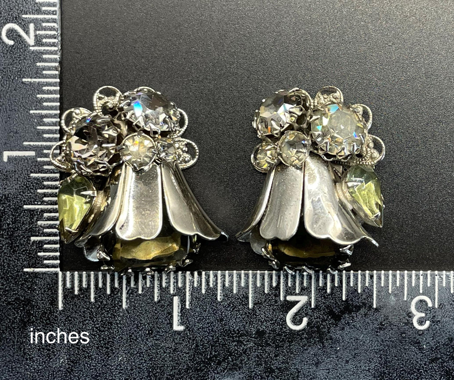 Vintage large rhinestone tulip flower design clip on earrings, silver tone with grey / green rhinestones and filigree backs