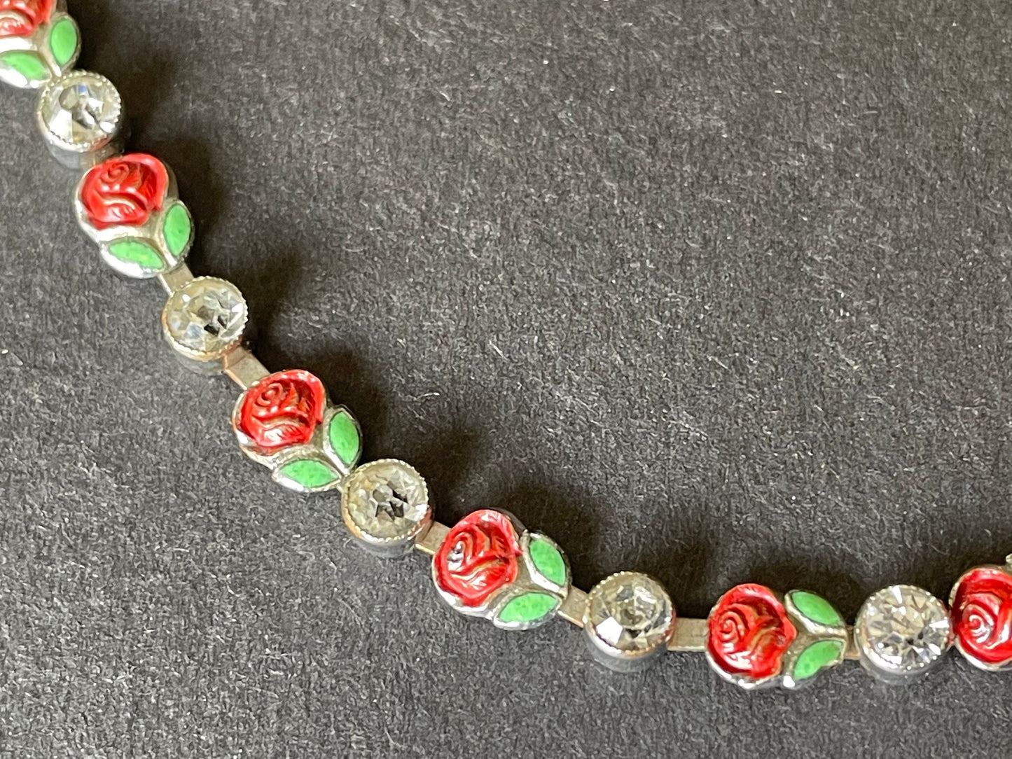 Vintage Art Deco Czech crystal paste, green & red enamel and silver tone collet set riviere necklace, beautiful red rose and leaf design