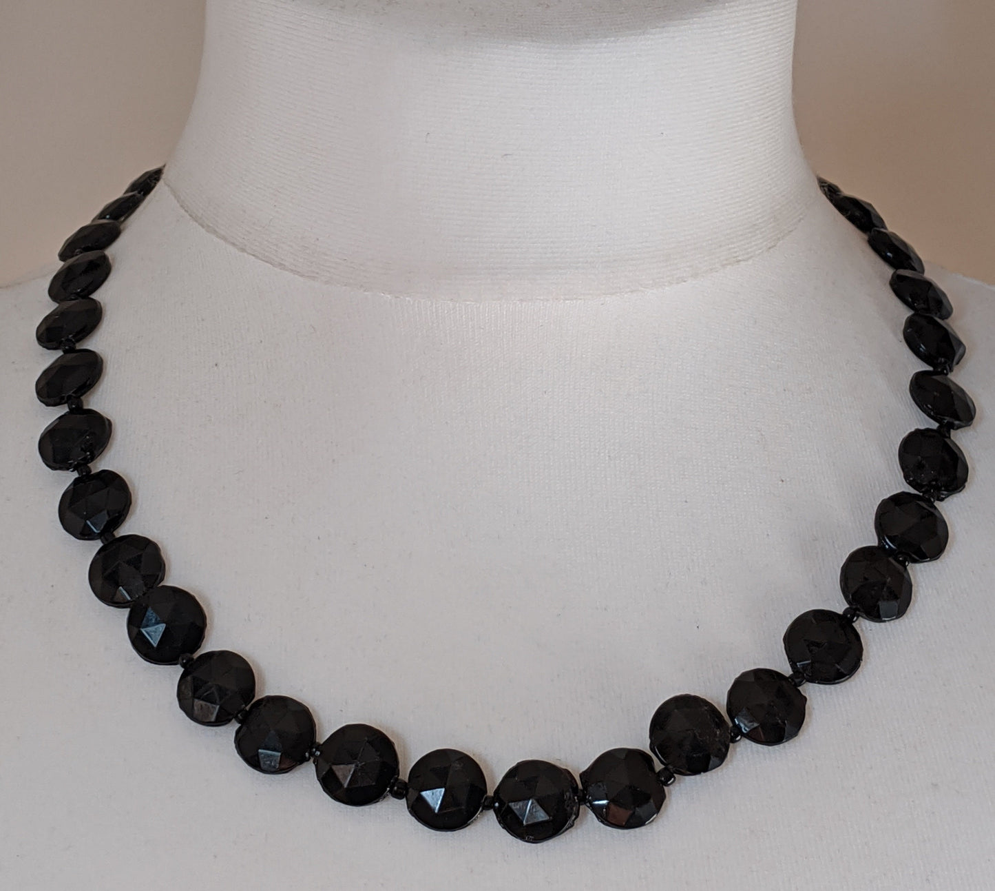 Antique Vauxhall glass French jet riviere necklace - Victorian, black faceted glass round jet stones