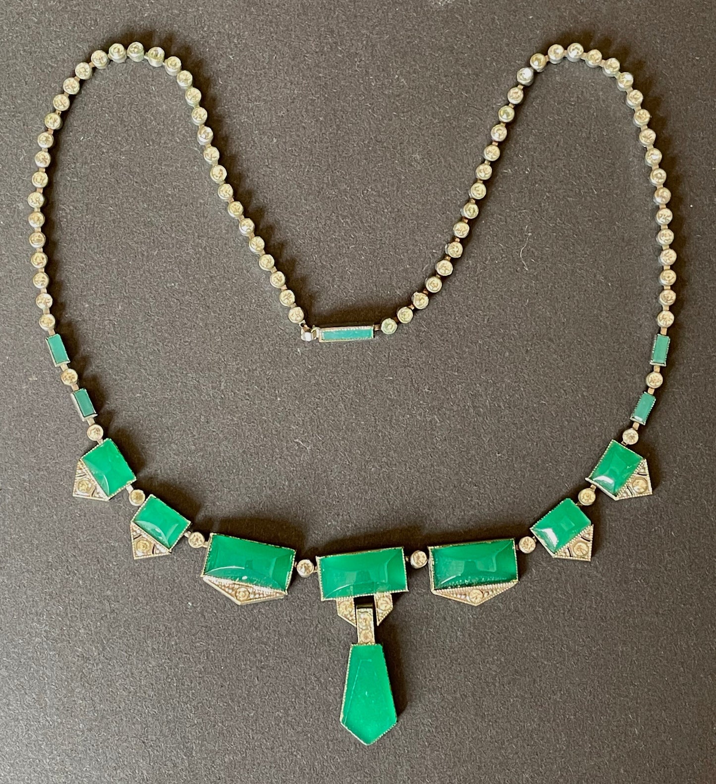 Vintage Art Deco Czech deep green moulded glass and silver tone necklace with collet set clear rhinestones in riviere style