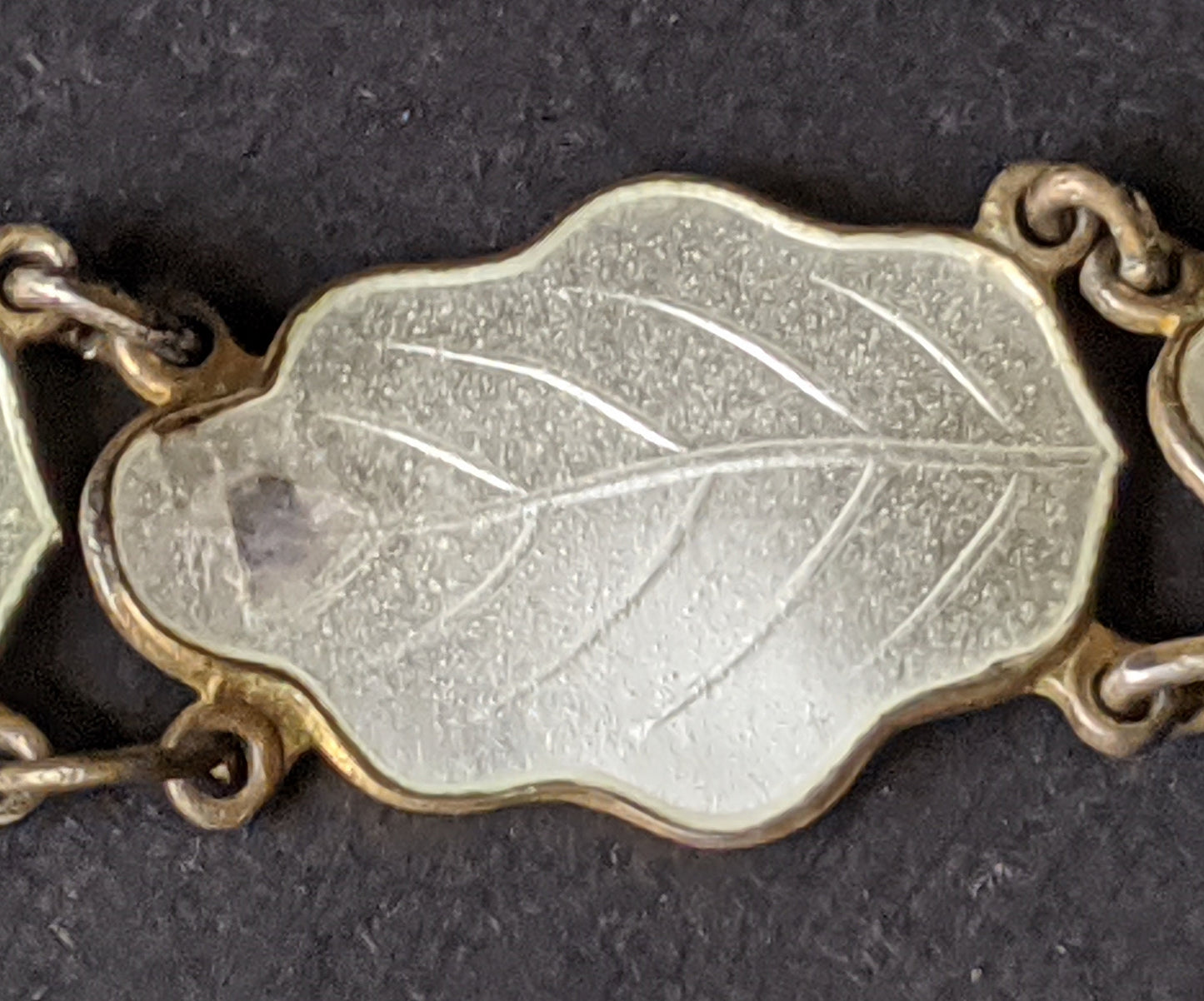 Vintage signed Norwegian John Baalerud sterling silver gilt and white guilloche enamel oak leaf design choker necklace, 1960s, in box