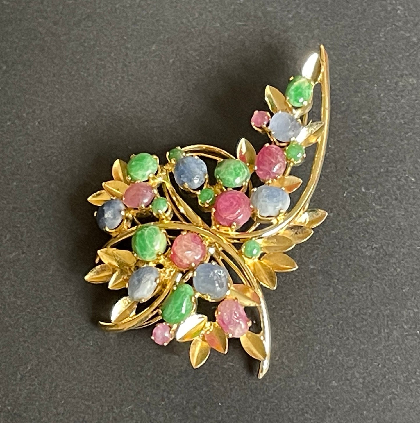 Large vintage pastel colour gemstone cabochon floral spray bouquet brooch, delicate gold tone settings, raw ruby, emerald, sapphire