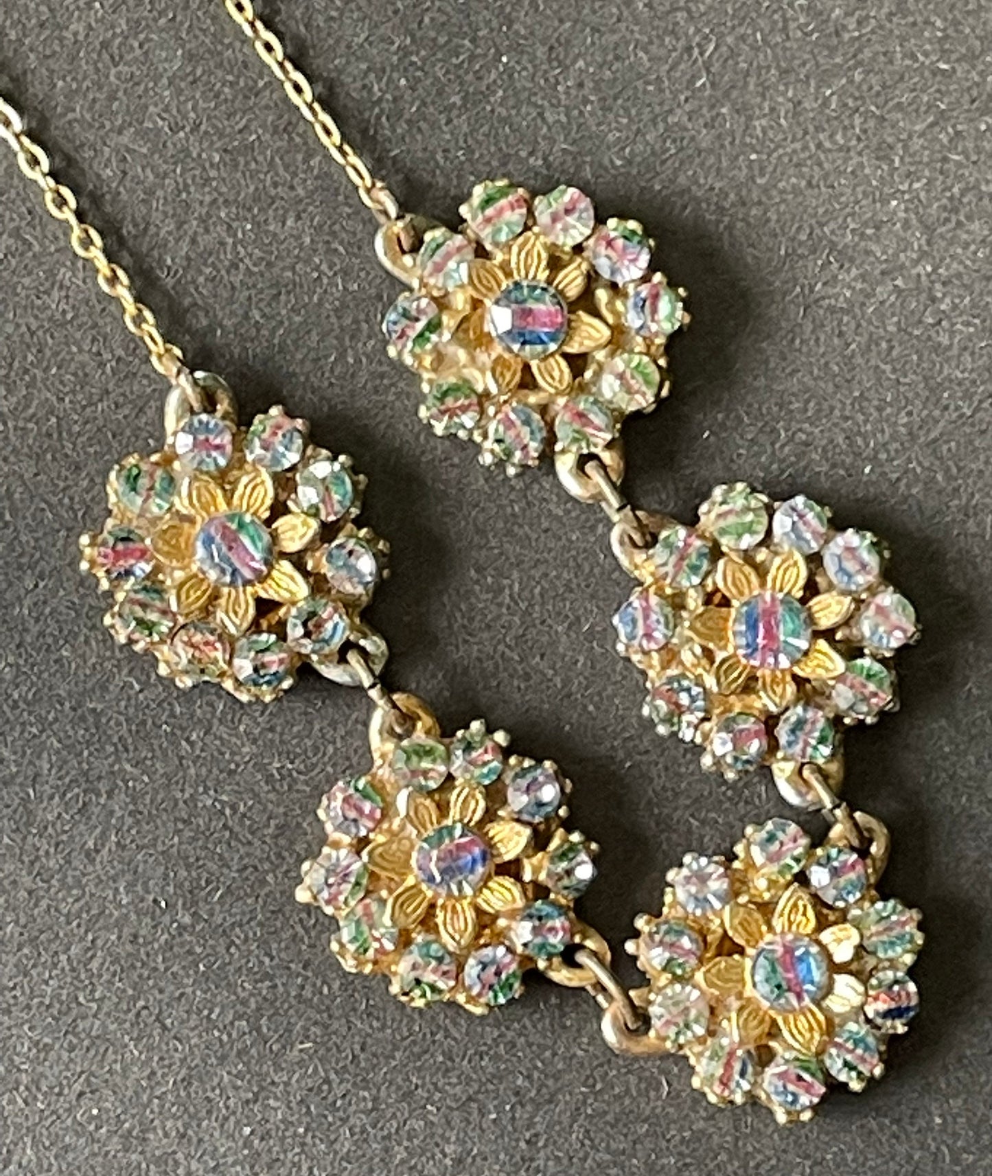 Vintage Art Deco iris glass intricate floral Czech necklace with gold tone settings and leaf designs, lovely heavy quality